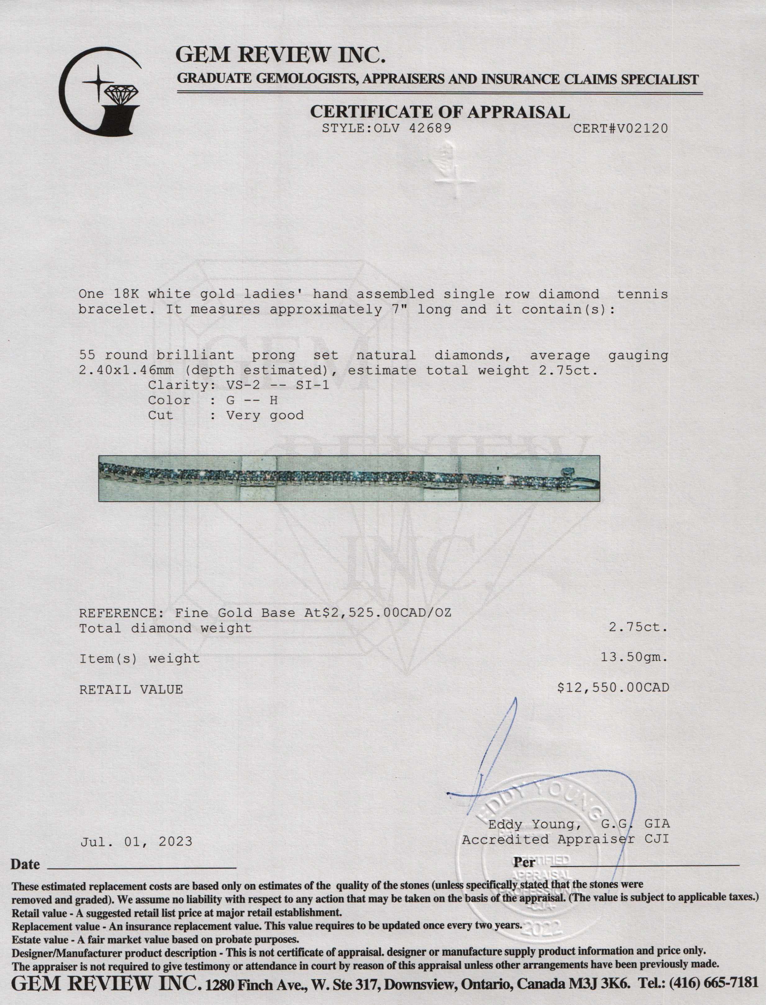 18k White Gold 2.75 tcw. Diamond Tennis Bracelet