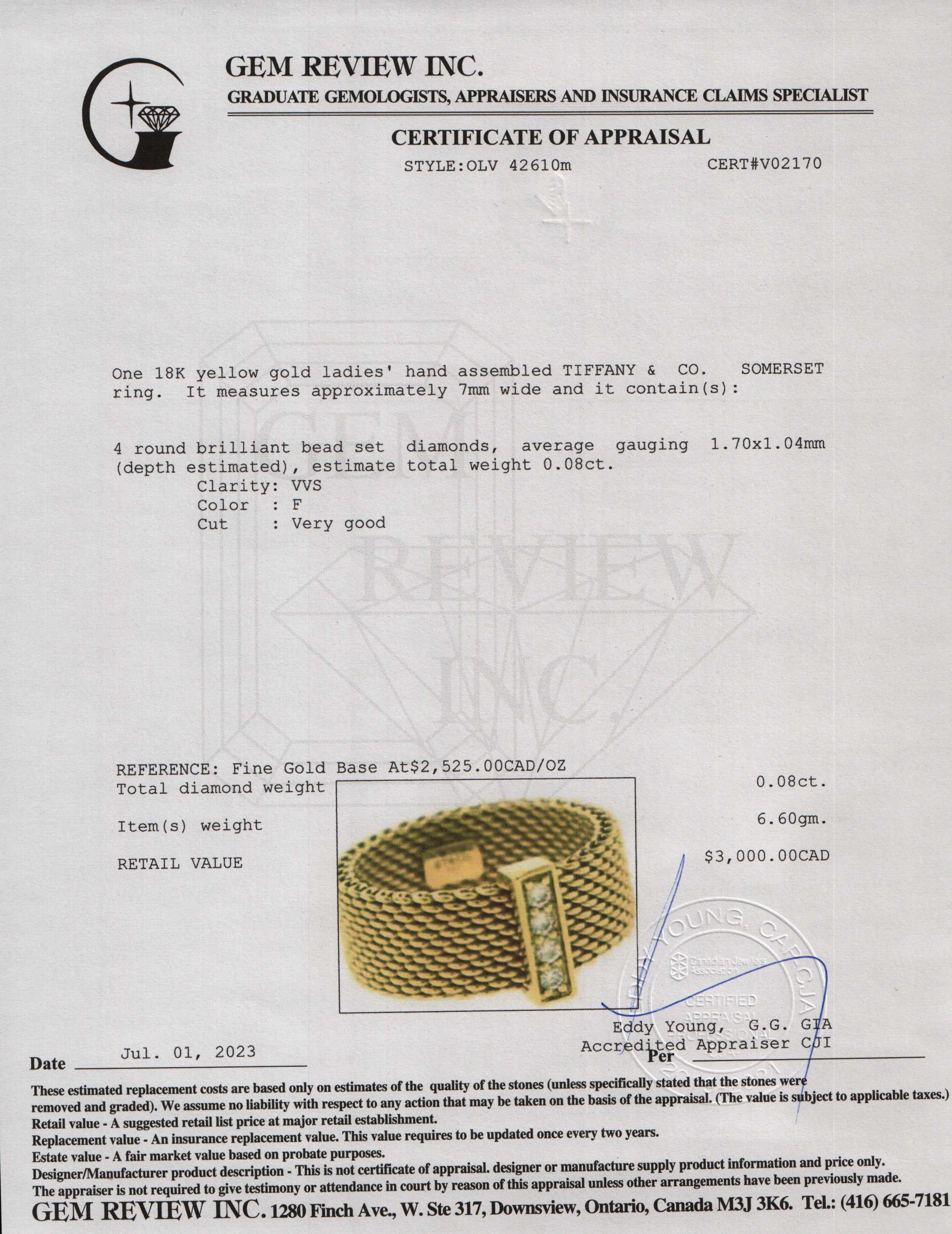 Tiffany & Co. 18k Yellow Gold Diamond Somerset Ring w/ Box