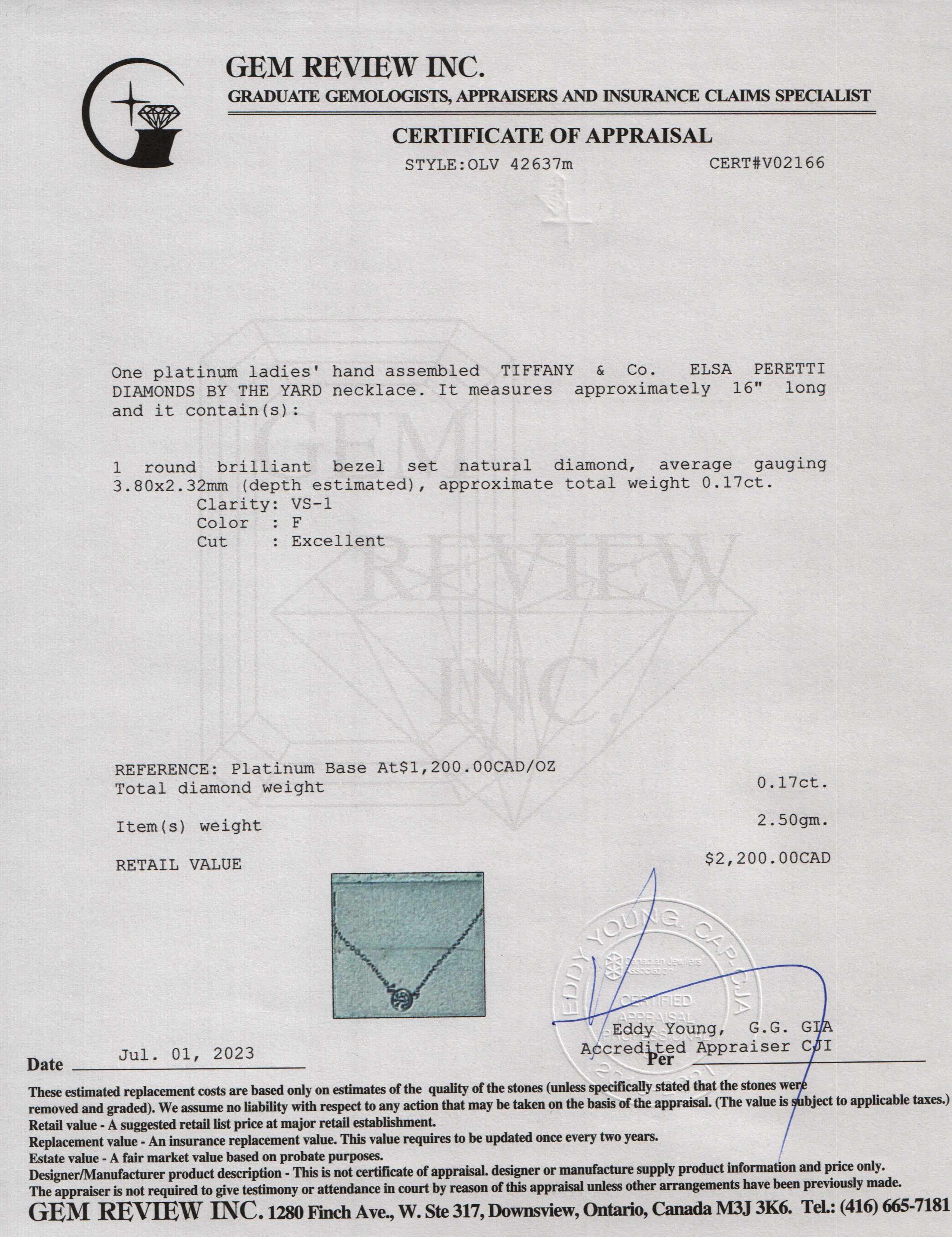 Tiffany & Co. Elsa Peretti Platinum 0.17 ct. Diamonds By The Yard Pendant Necklace w/ Box