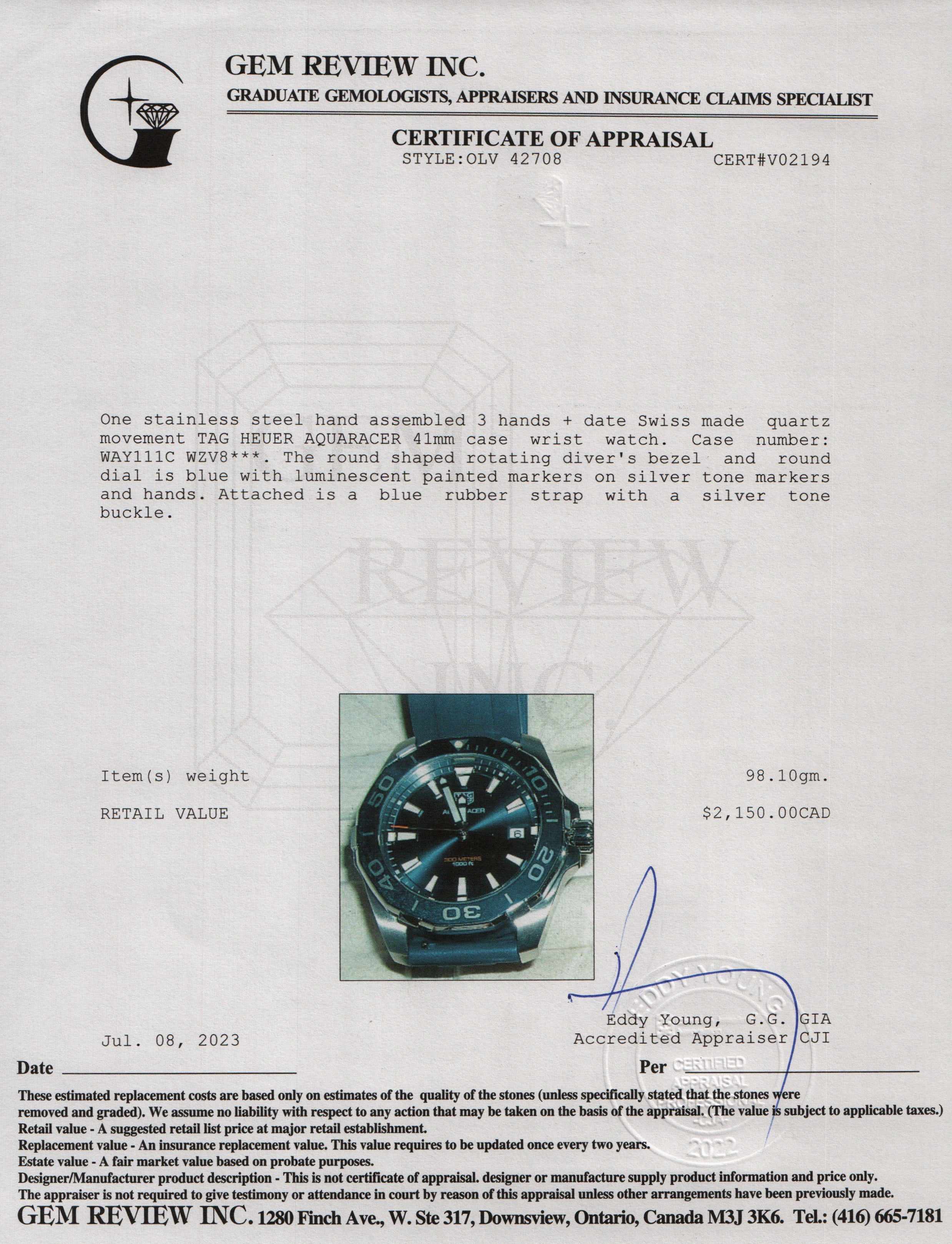 Tag Heuer Aquaracer 41 MM Watch w/ Box & Papers