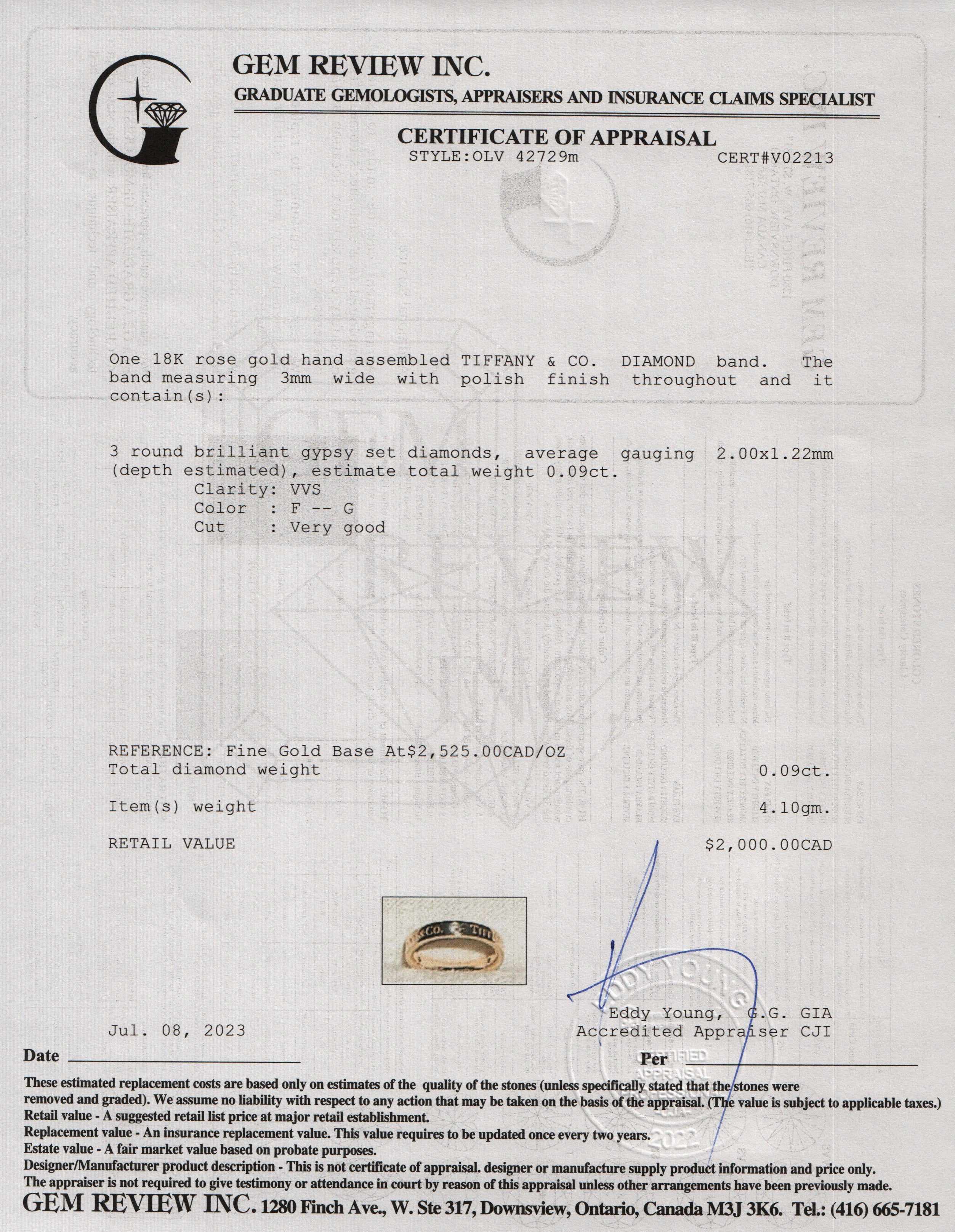 Tiffany & Co. 18k Rose Gold 3 Diamond Band Ring