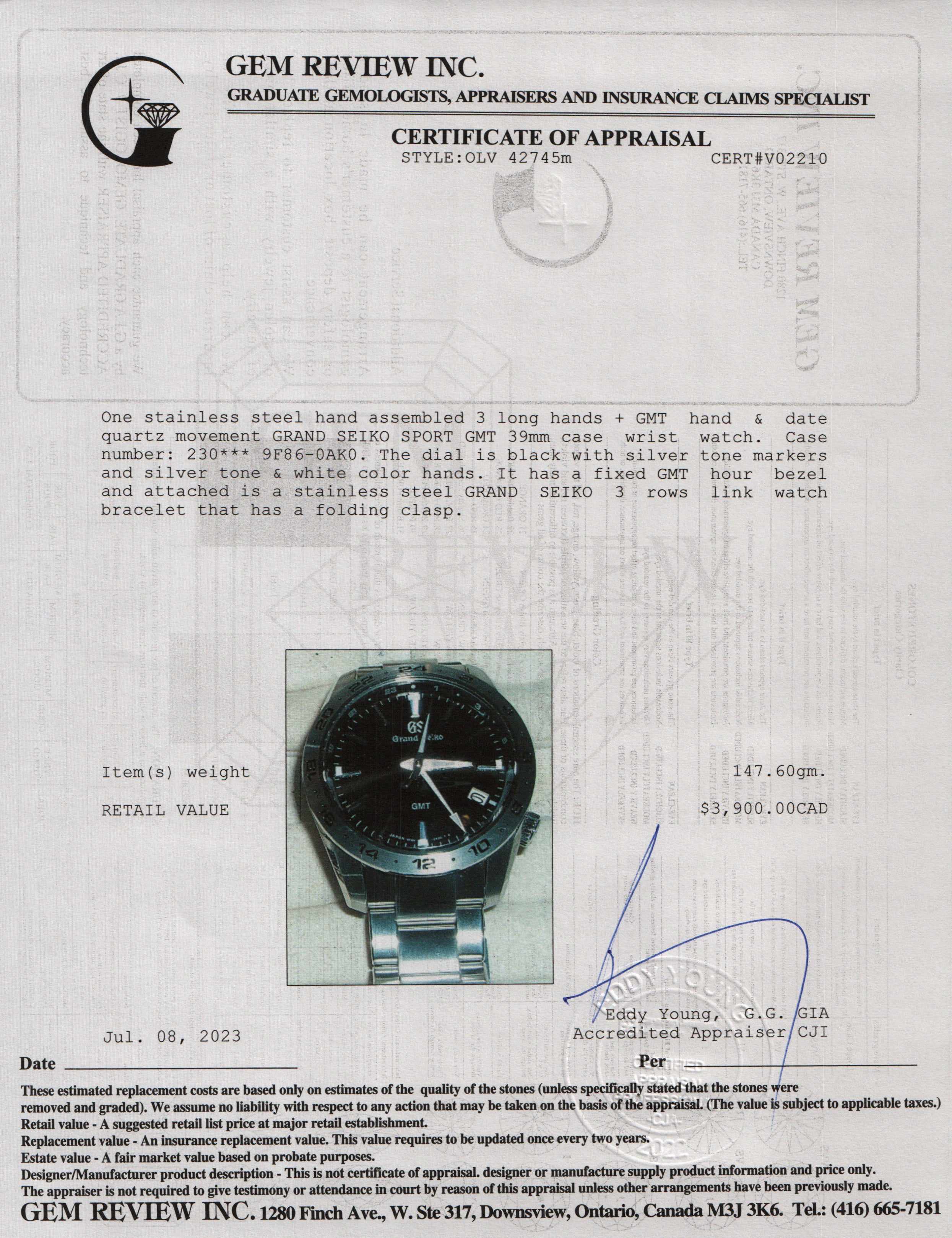 Grand Seiko Sport GMT 39 mm Quartz Watch w/ Box & Papers