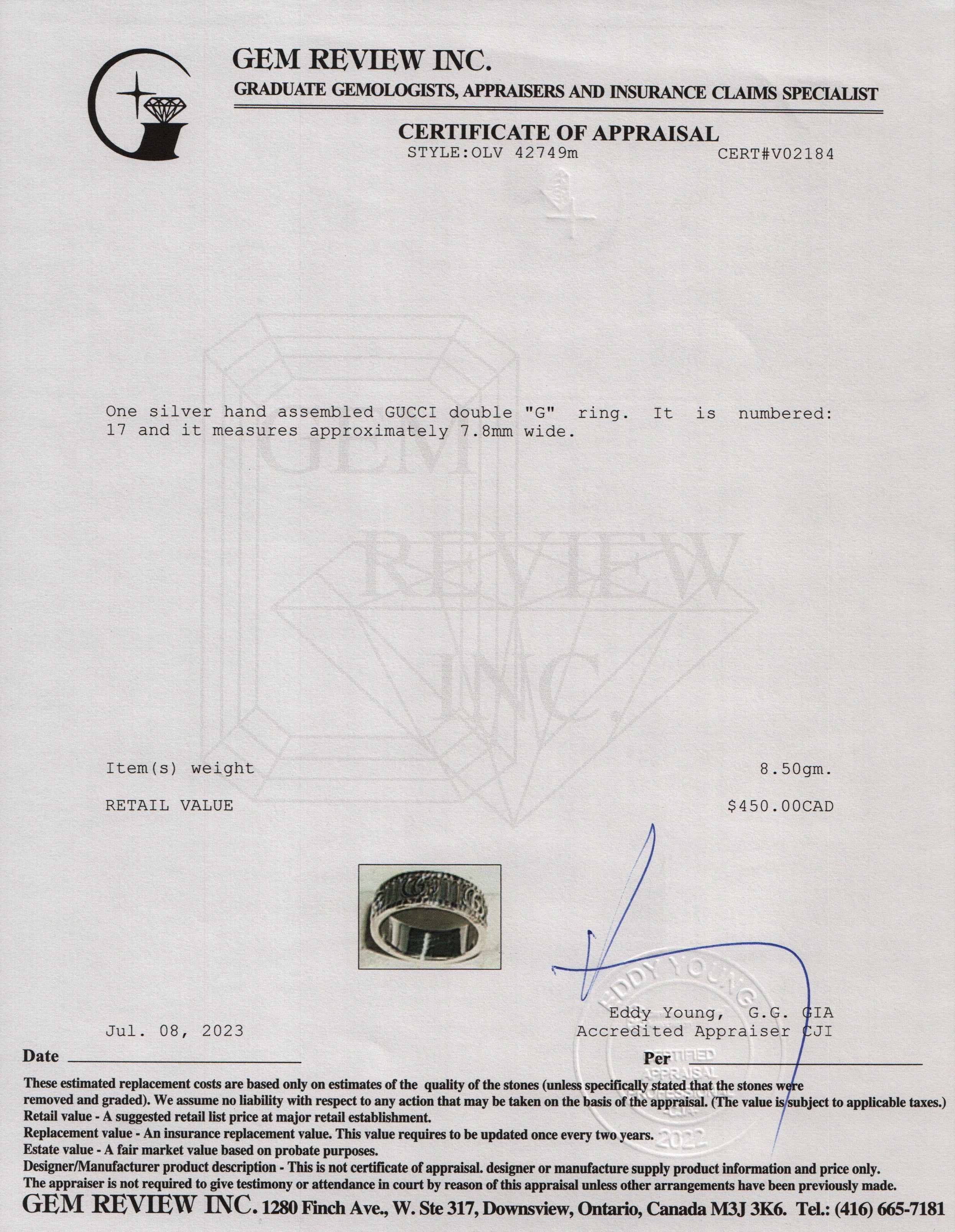 Gucci Sterling Silver Double G Ring w/ Box