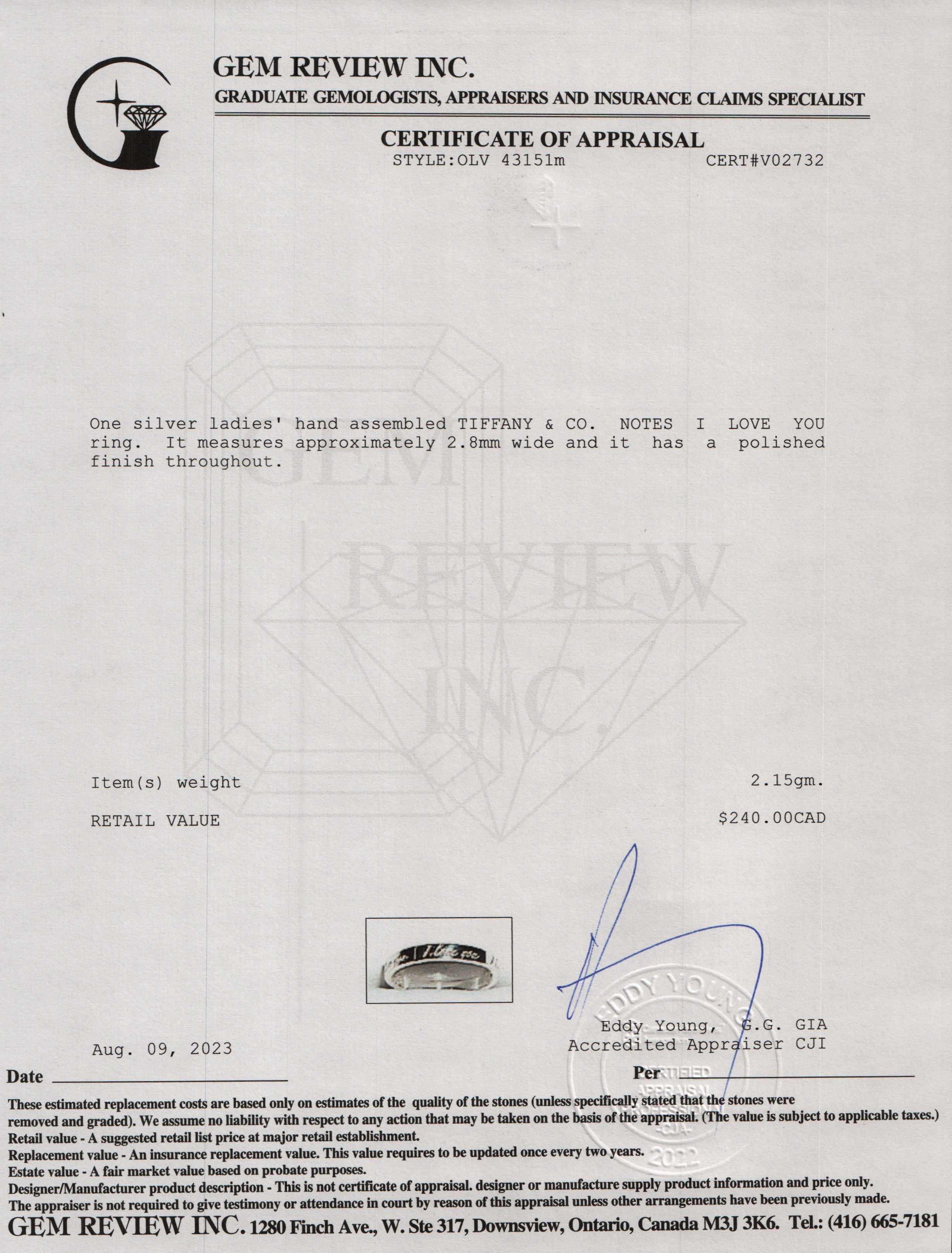 Tiffany & Co. Notes "I Love You" Ring