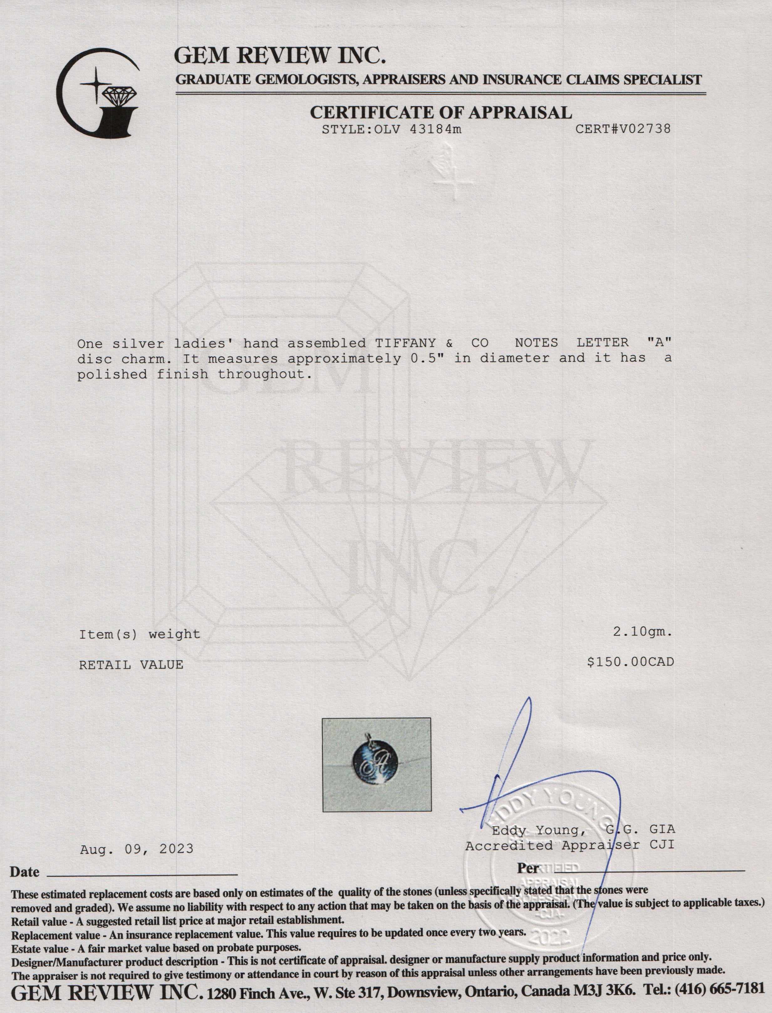 Tiffany & Co. Notes Letter 'A' Disc Charm Pendant