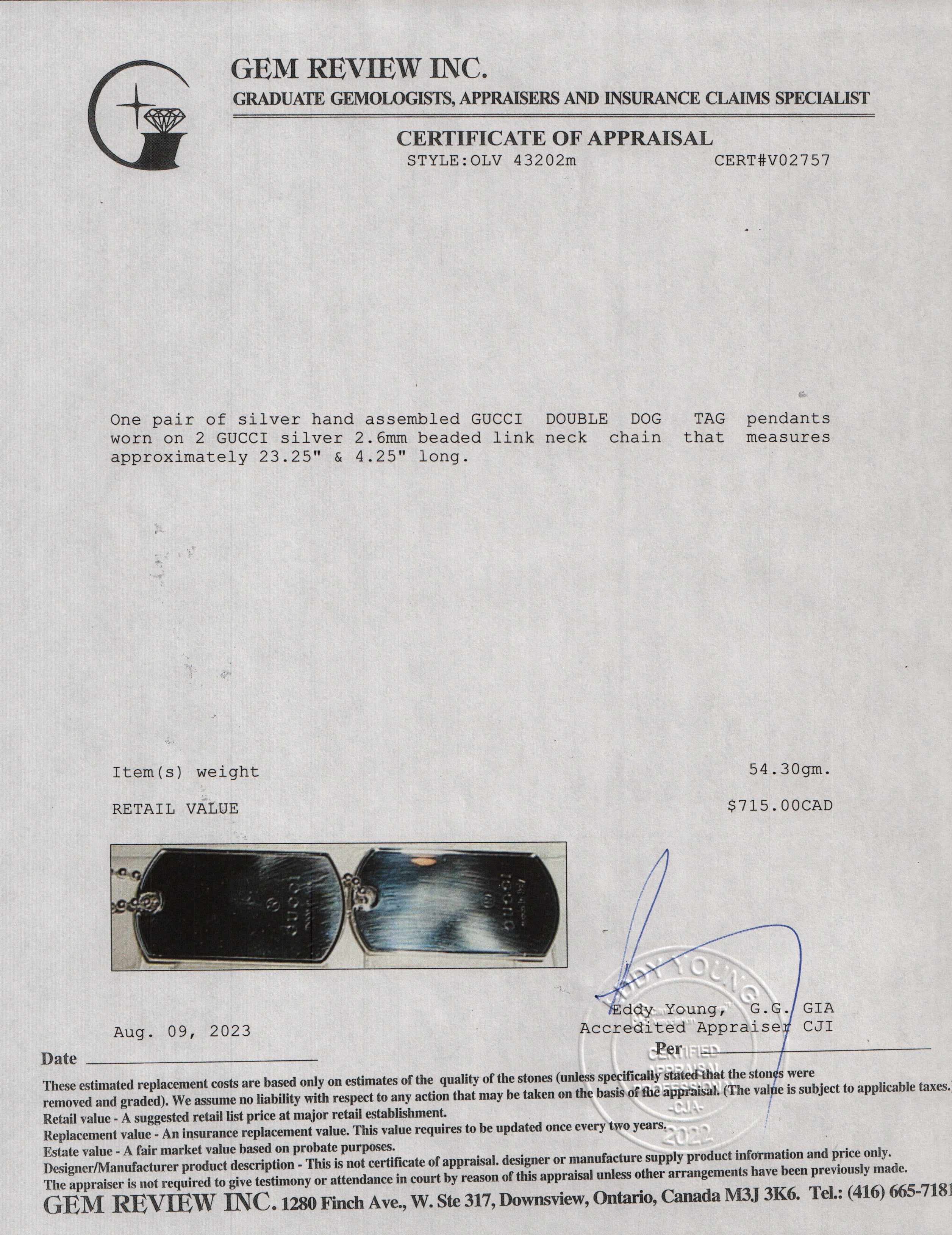 Gucci Sterling Silver Double Dog Tag Pendant Necklace