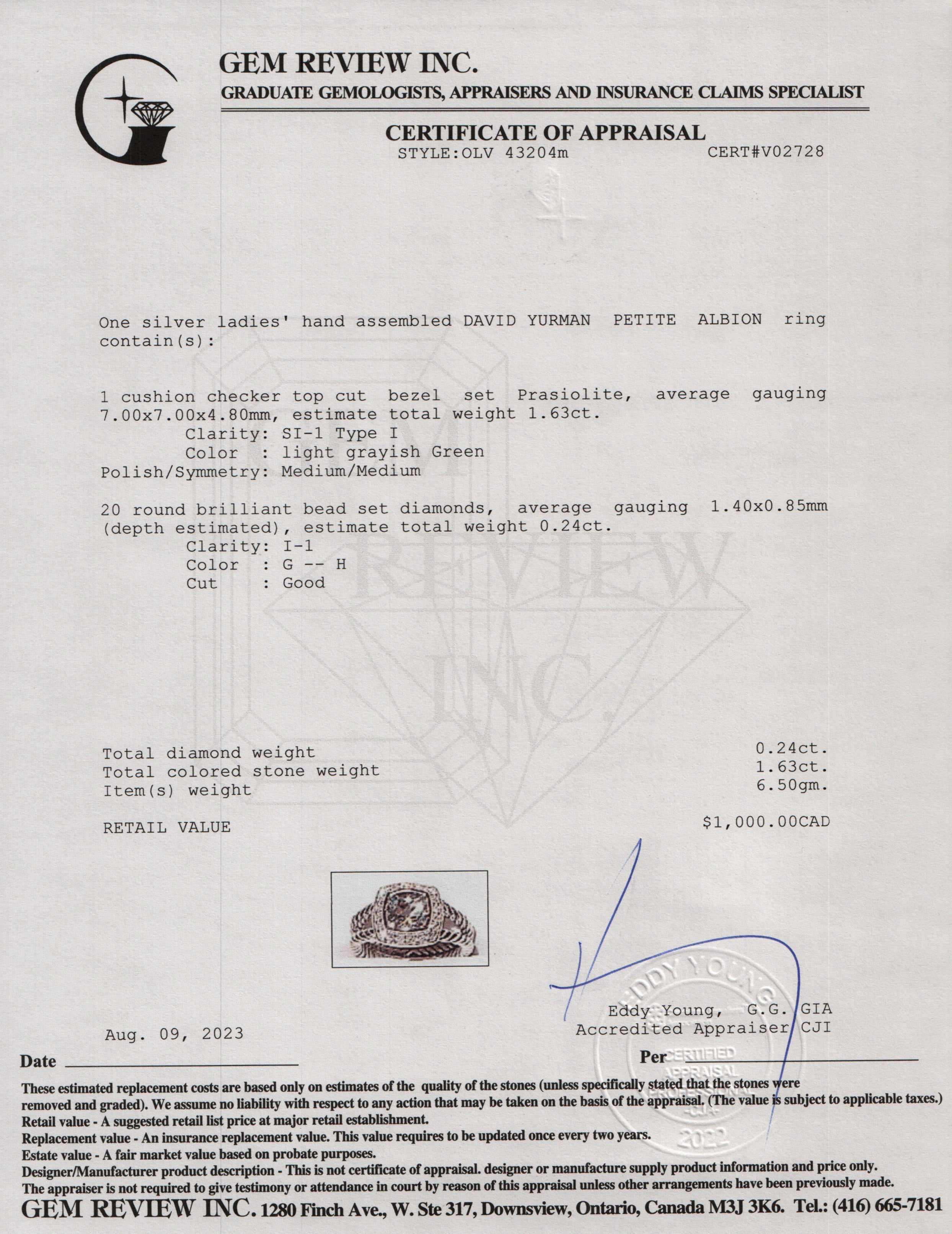 David Yurman Petite Albion Ring with Prasiolite and Diamonds