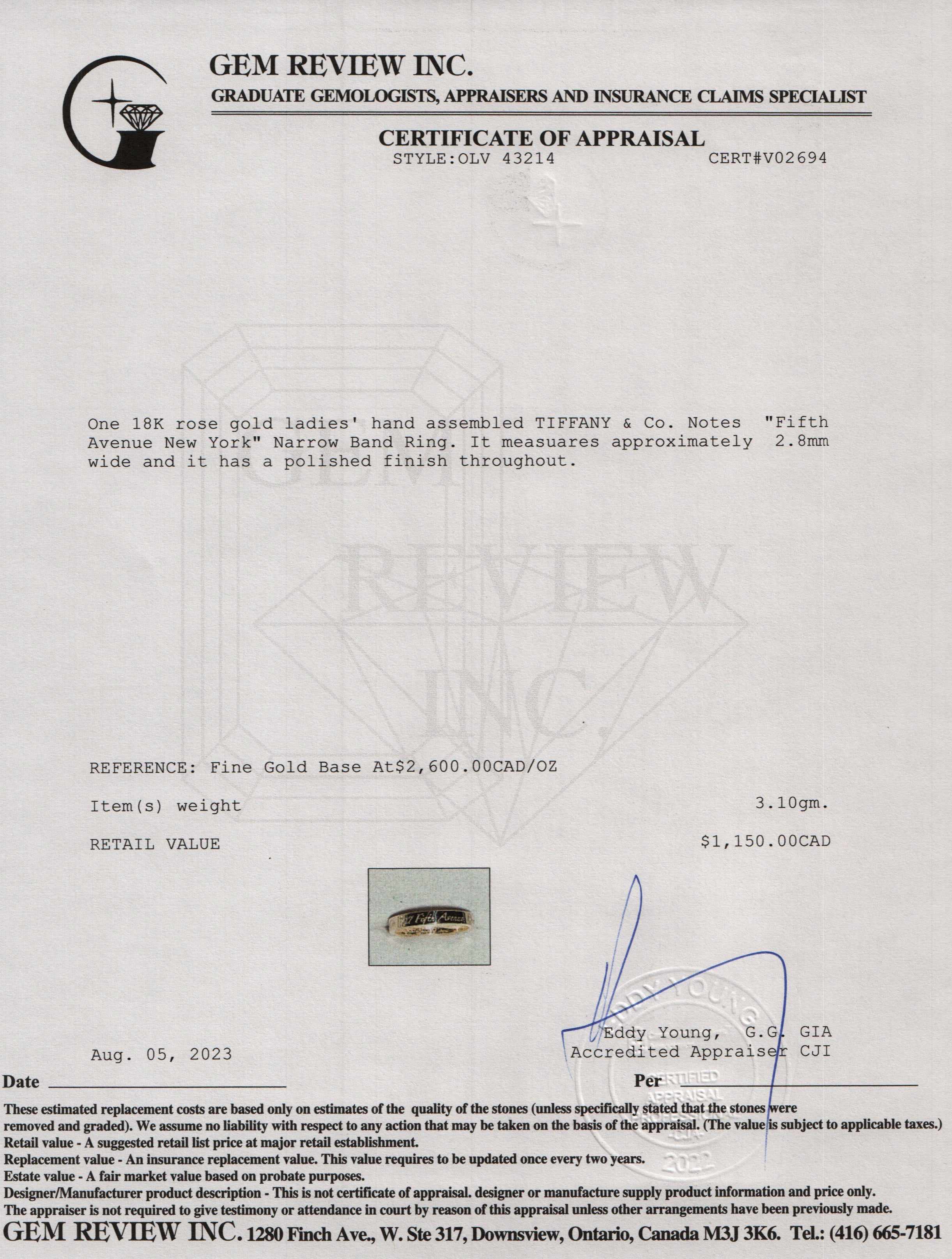 Tiffany & Co. 18k Rose Gold Notes "Fifth Avenue New York" Narrow Band Ring