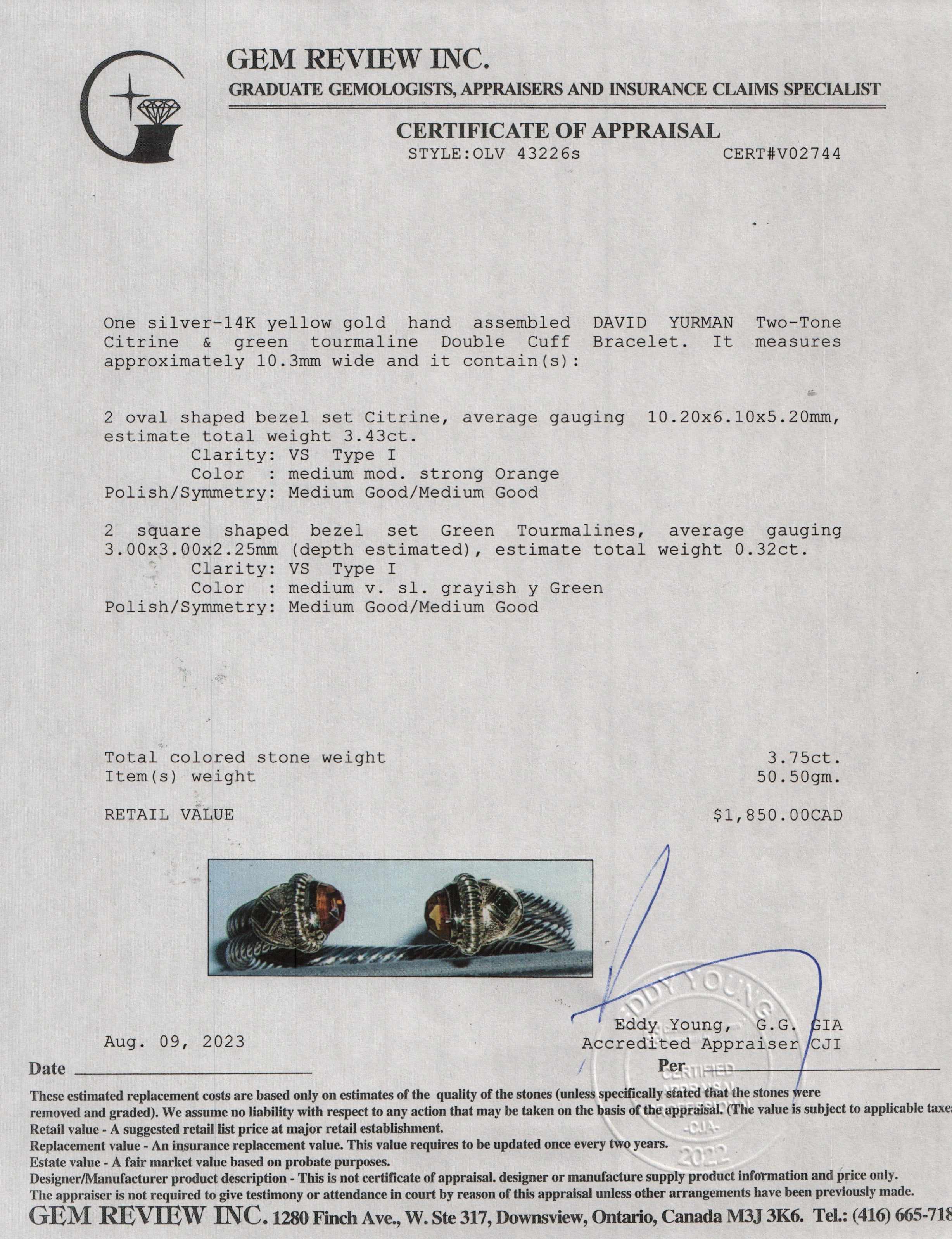 David Yurman Two-Tone Citrine & Peridot Double Cable Cuff Bracelet