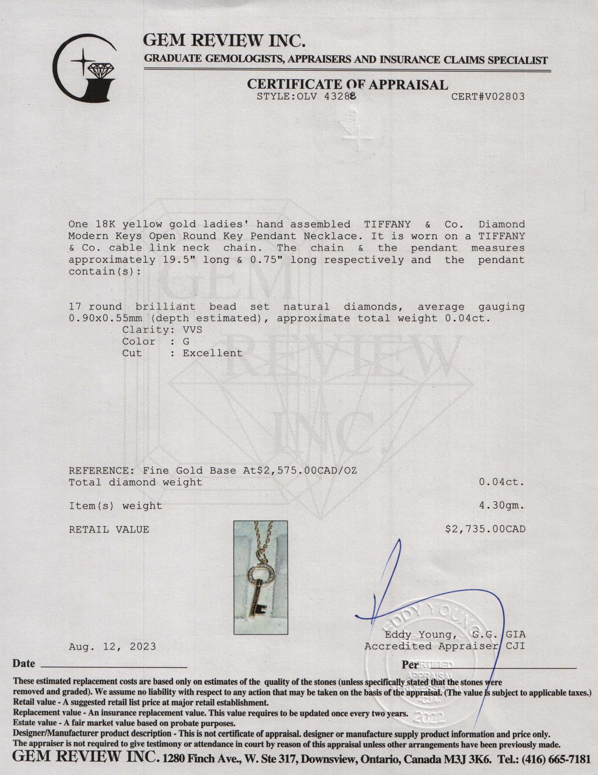 Tiffany & Co. 18k Yellow Gold Diamond Mini Modern Keys Open Round Key Pendant Necklace