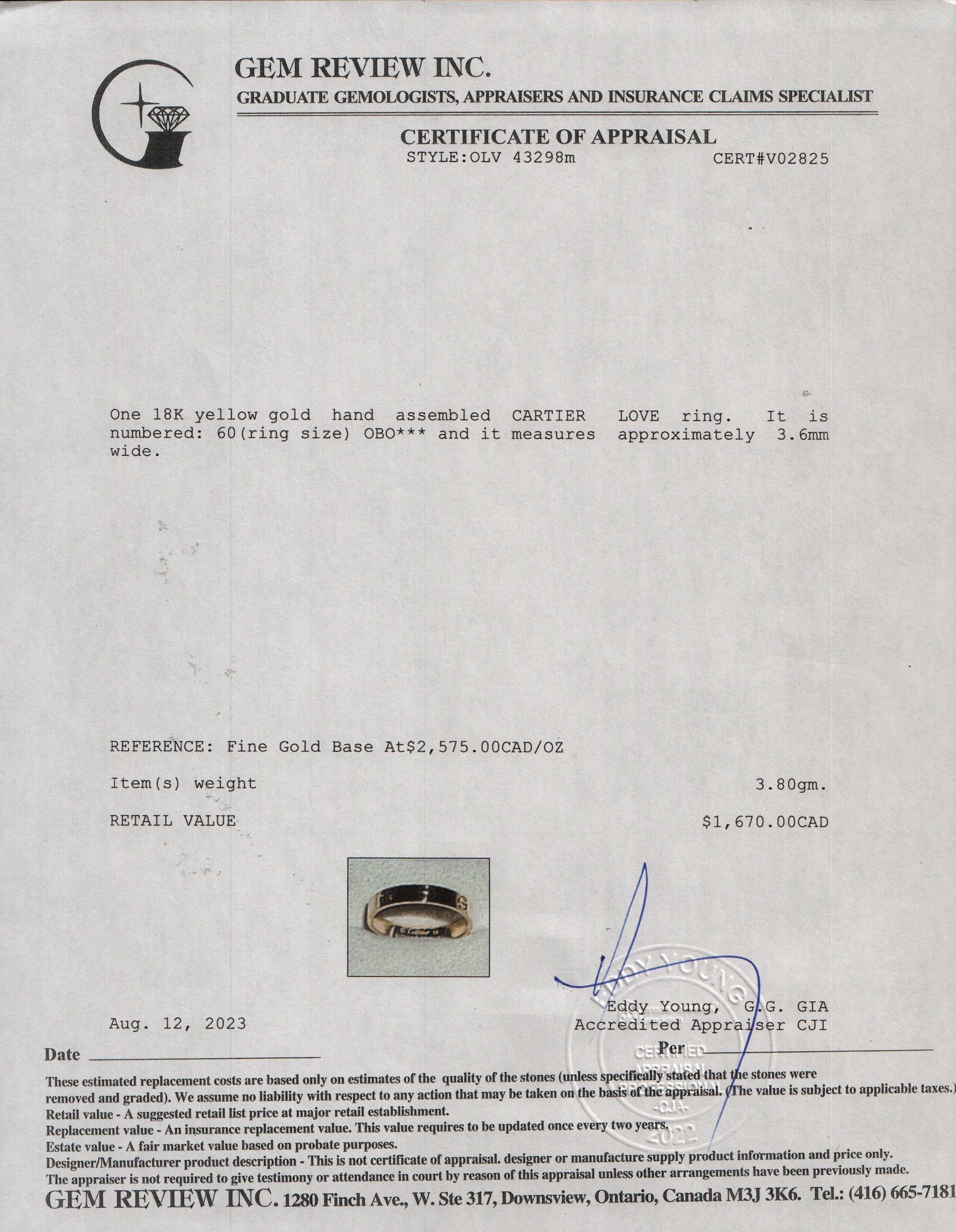Cartier 18k Yellow Gold 3.6 mm Love Wedding Band Ring w/ Certificate