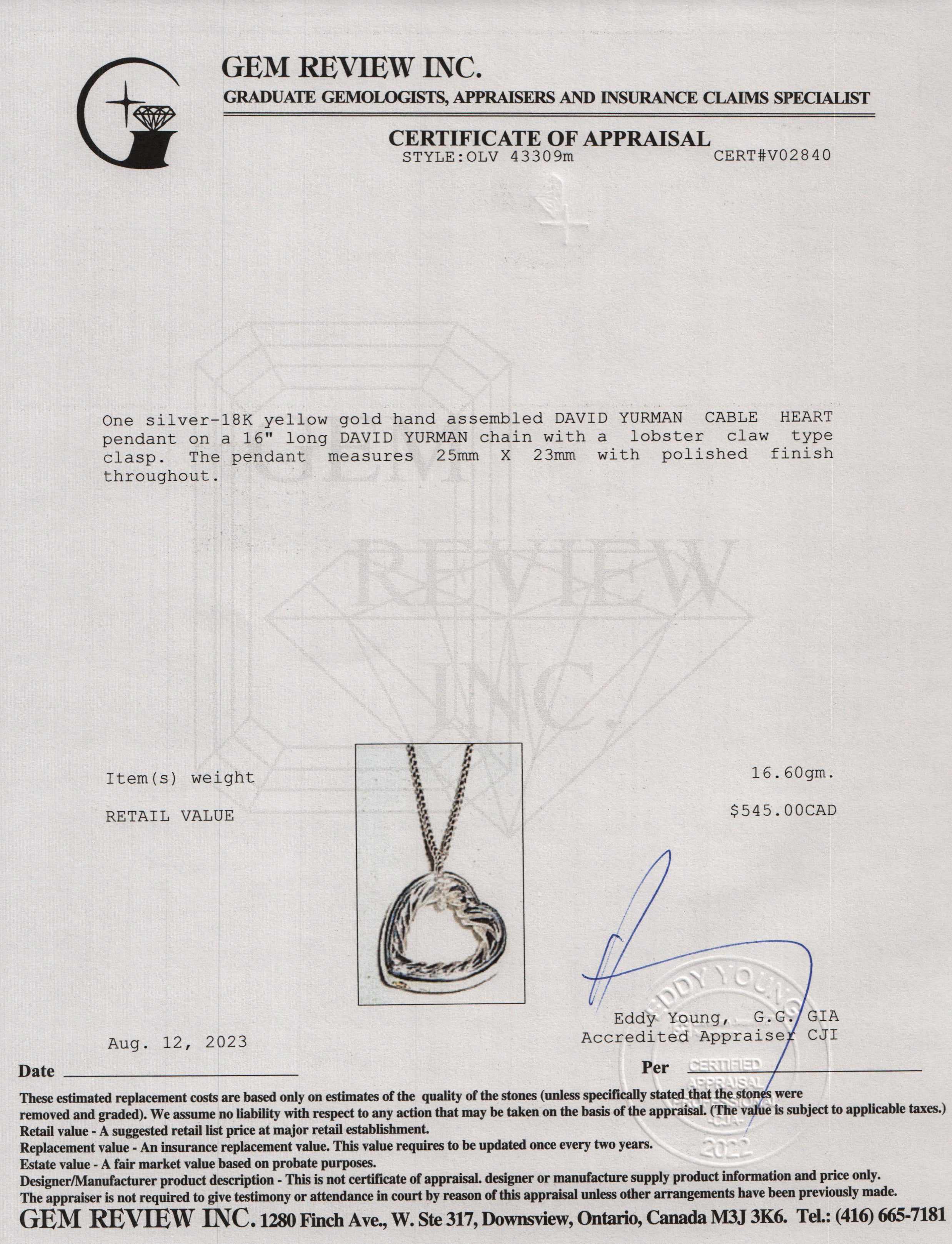 David Yurman Sterling Silver Cable Heart Pendant Necklace