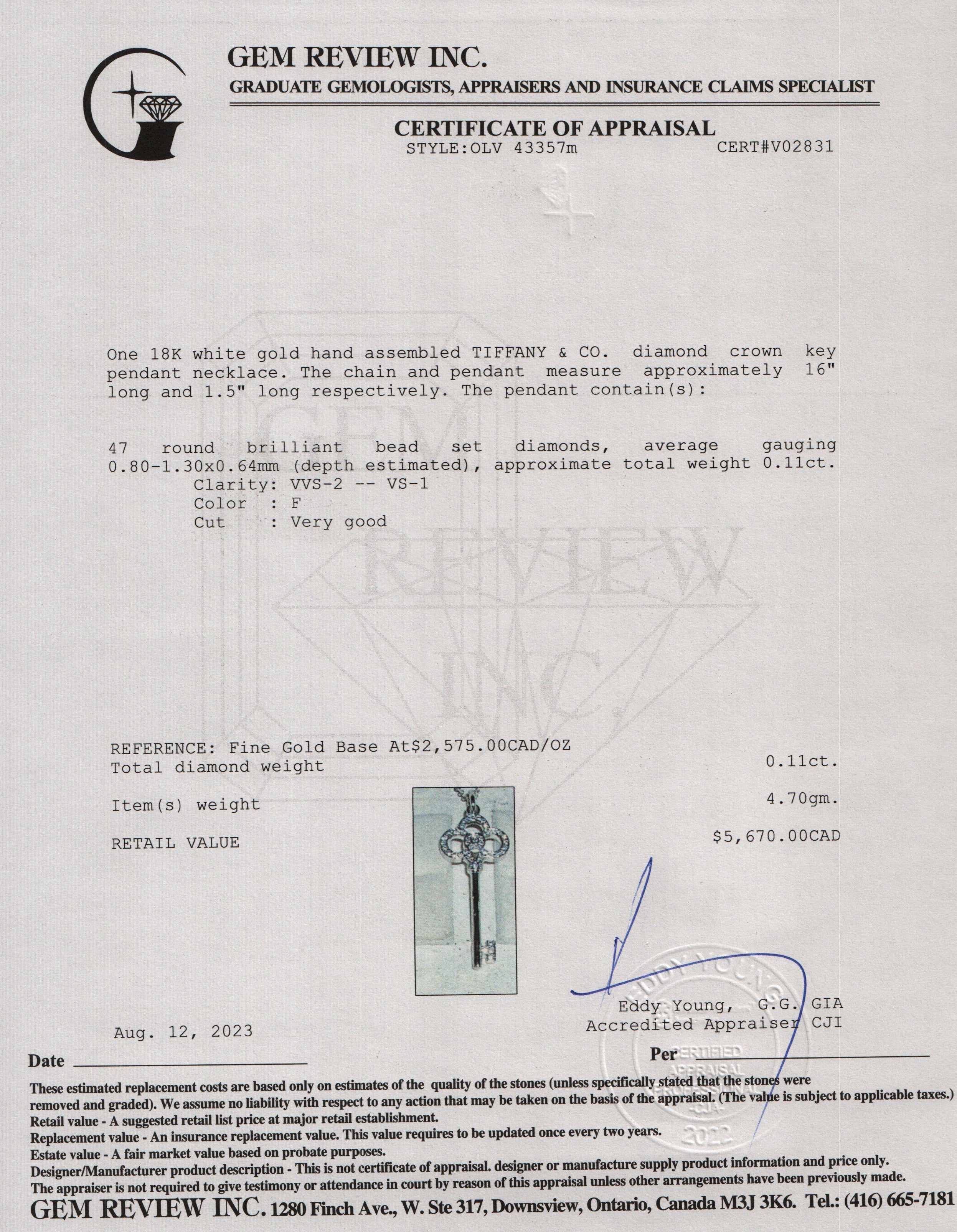 Tiffany & Co. 18k White Gold & Diamond Crown Key Pendant Necklace