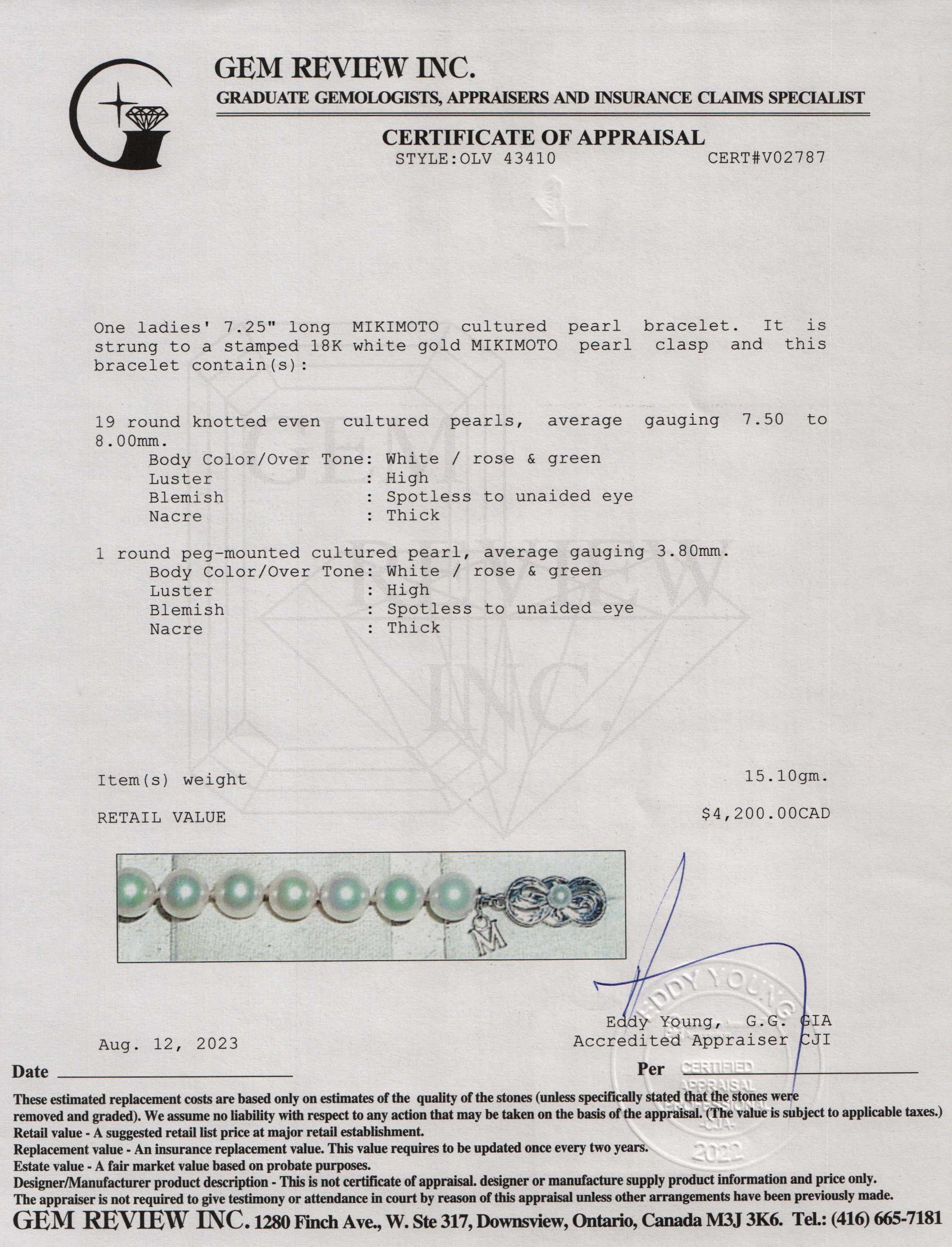 Mikimoto 18k White Gold Clasp Akoya Pearl Bracelet