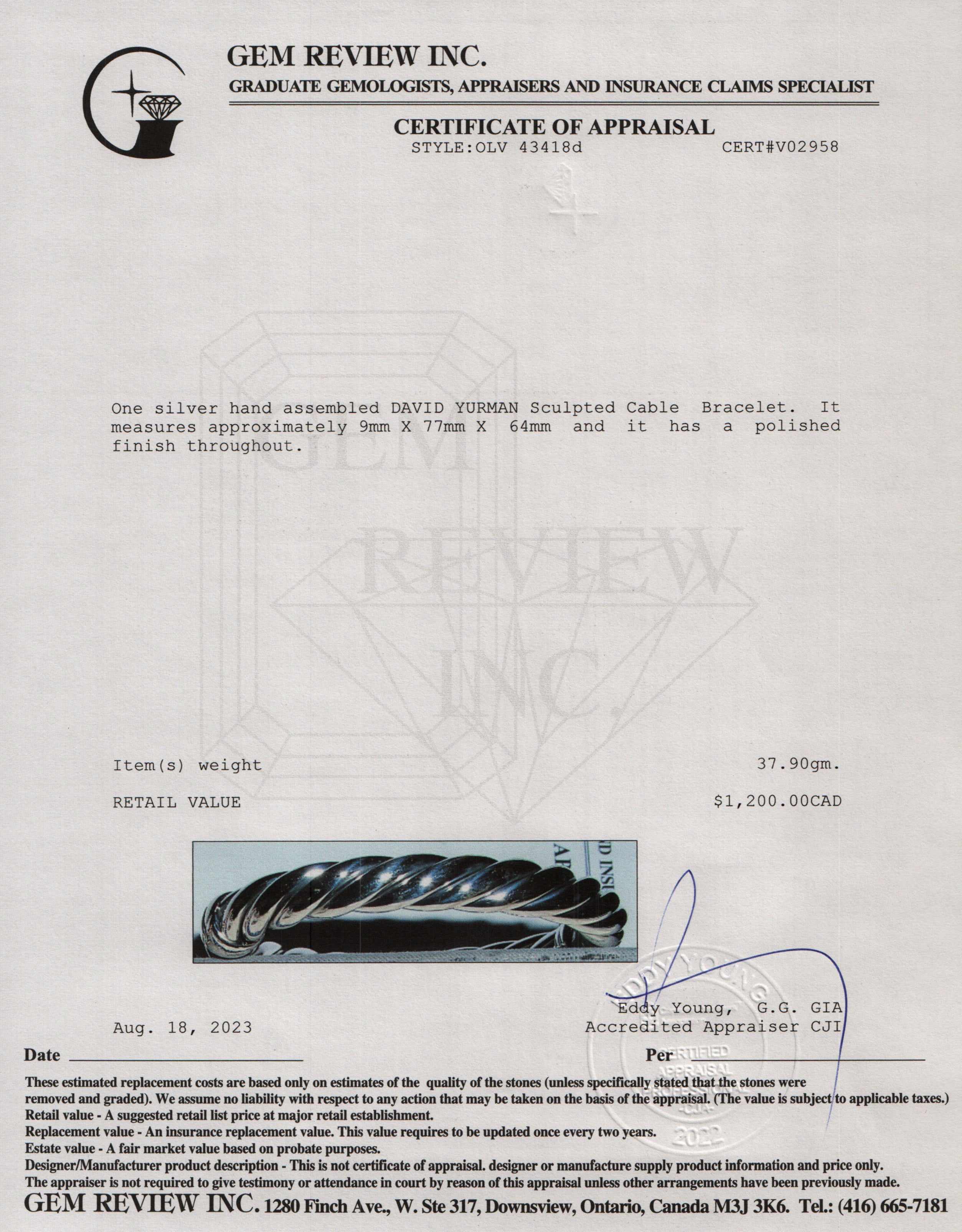 David Yurman Sterling Silver Sculpted Cable Bracelet, 9 MM