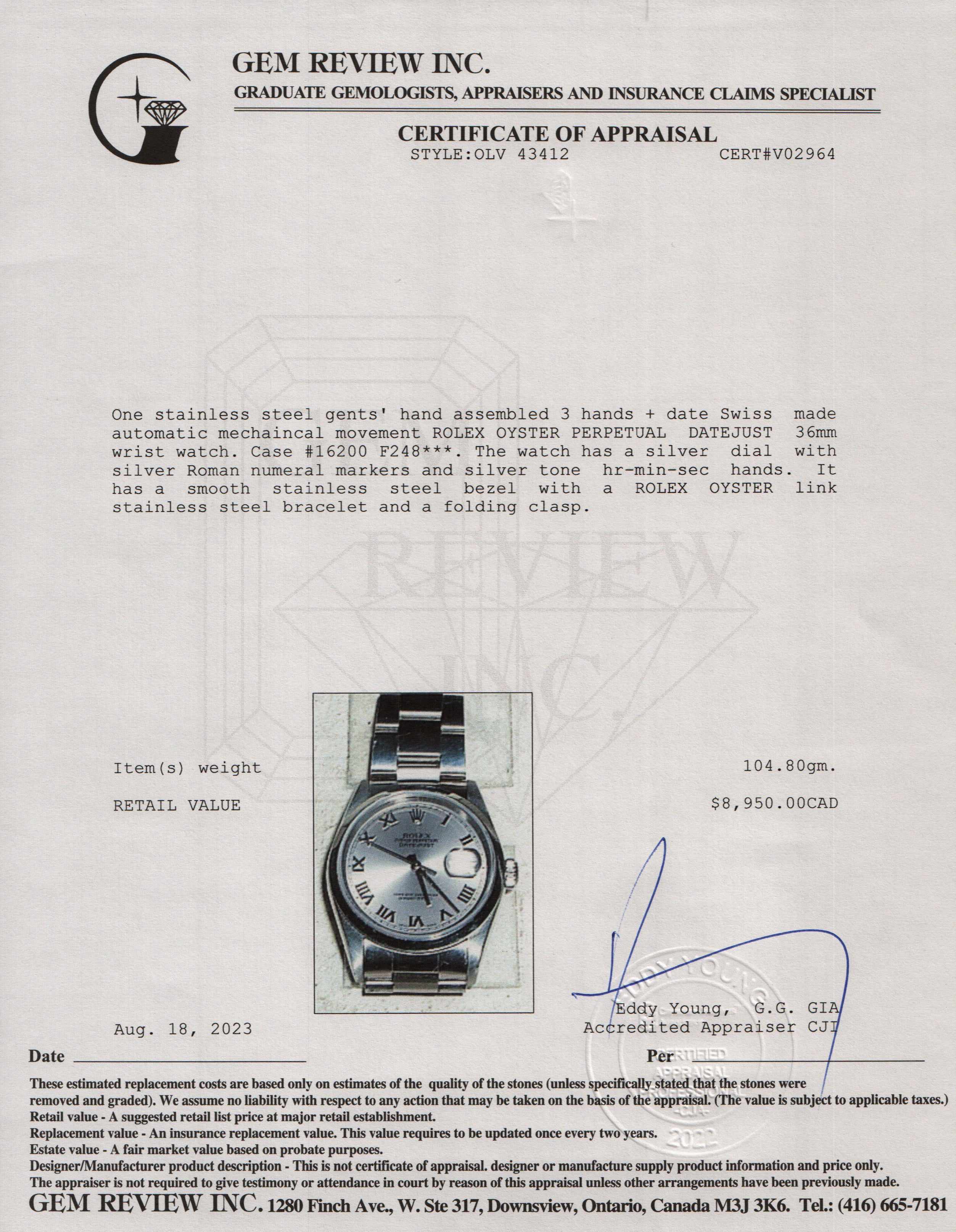 Rolex Datejust 36 MM Watch w/ Box & Papers