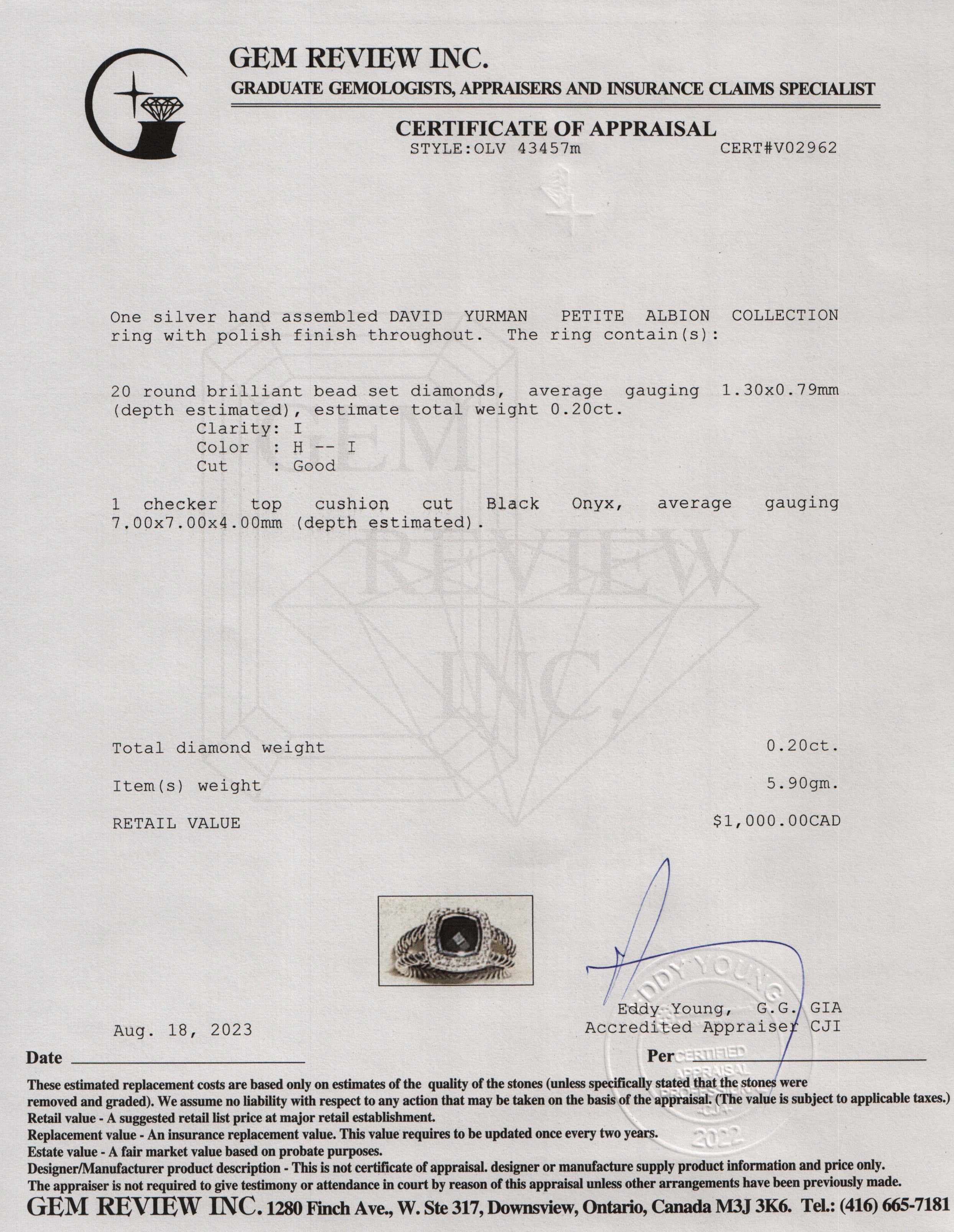 David Yurman Sterling Silver Petite Albion Ring with Black Onyx and Diamonds w/ Box