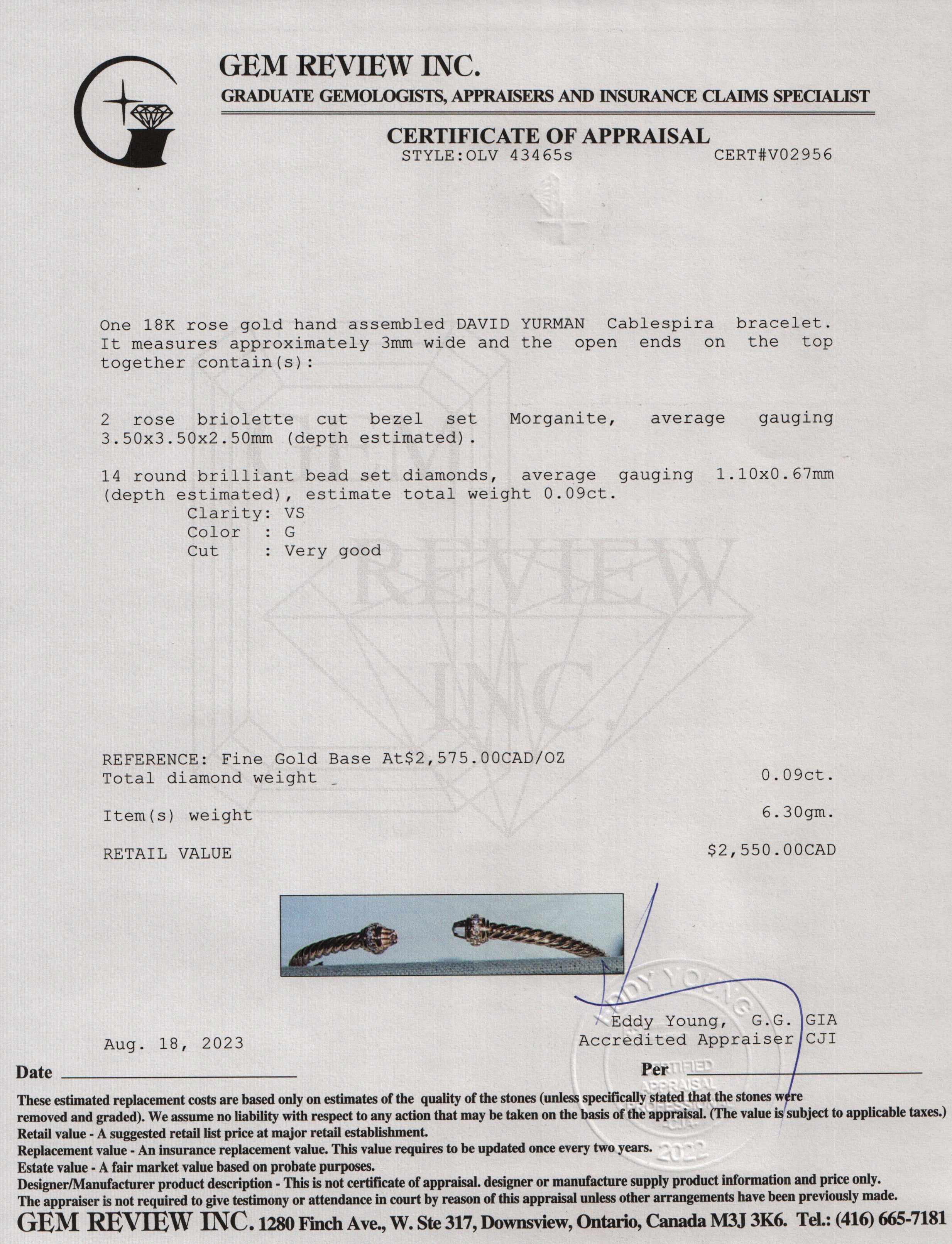 David Yurman 18k Rose Gold 3 MM Cablespira Bracelet with Morganite & Diamonds w/ Box & Receipt