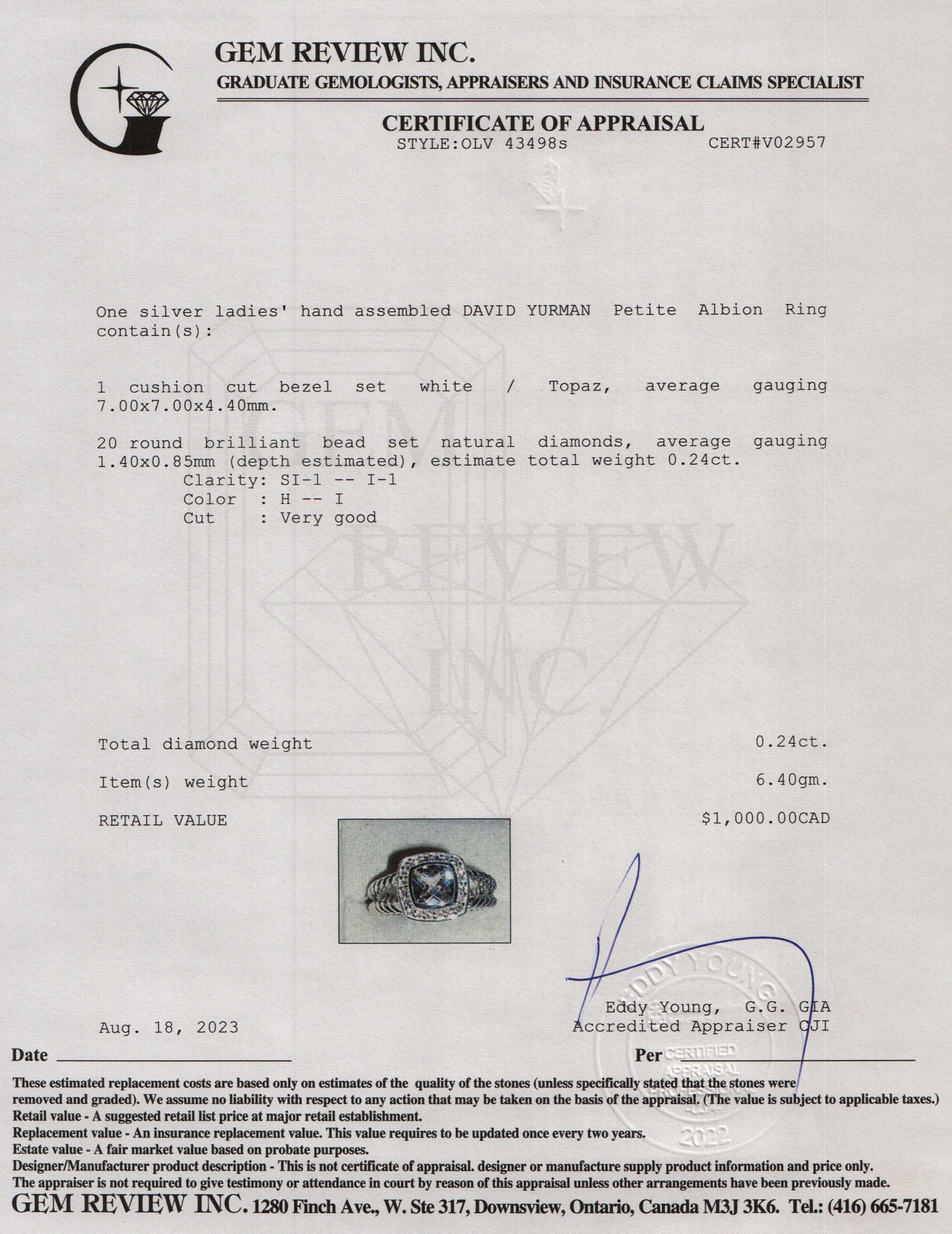 David Yurman Sterling Silver Petite Albion Ring with White Topaz and Diamonds