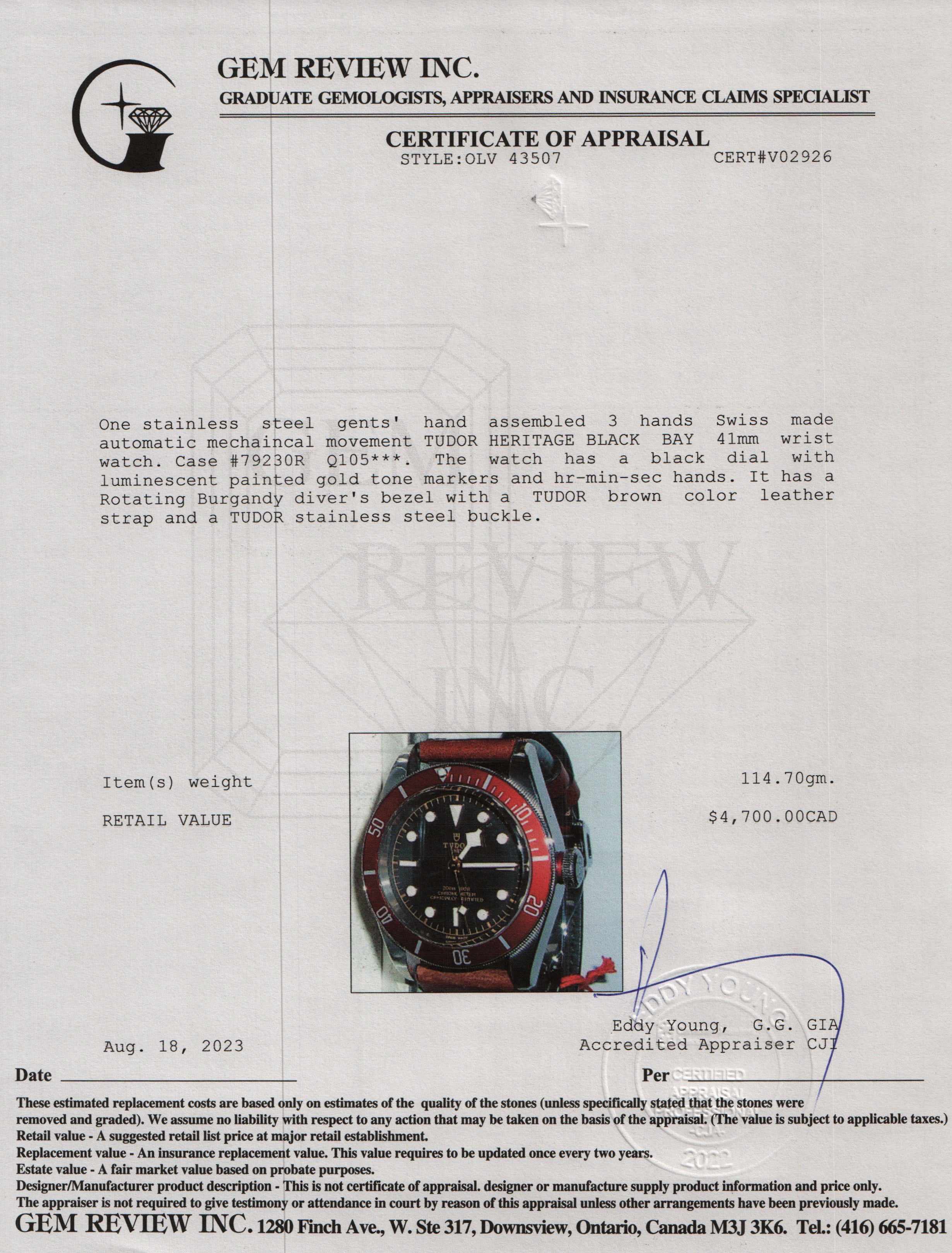 Tudor 2022 Heritage Black Bay 41 MM Watch w/ Box & Papers