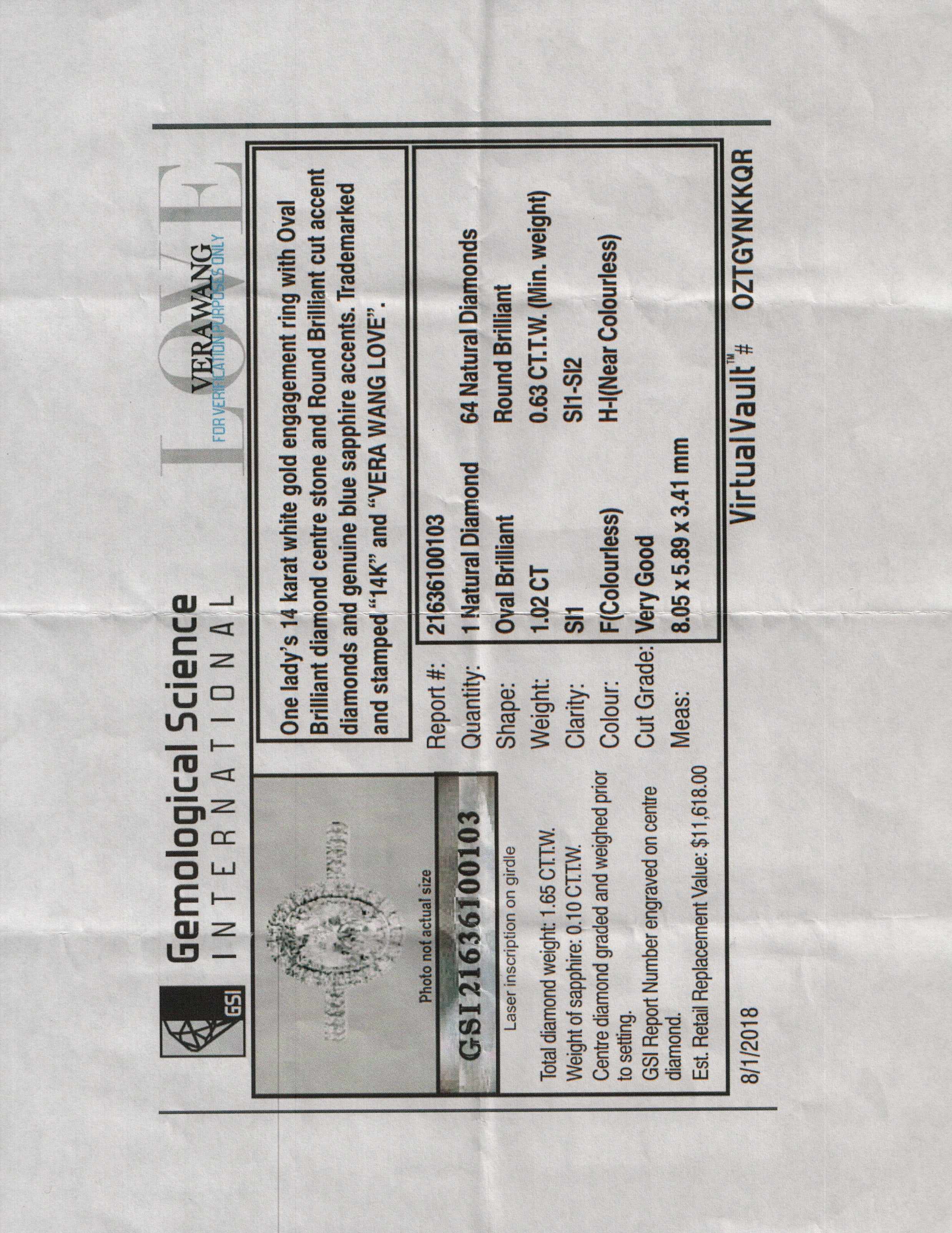 Vera Wang 14k White Gold Love 1.02 ct. Diamond Engagement Ring