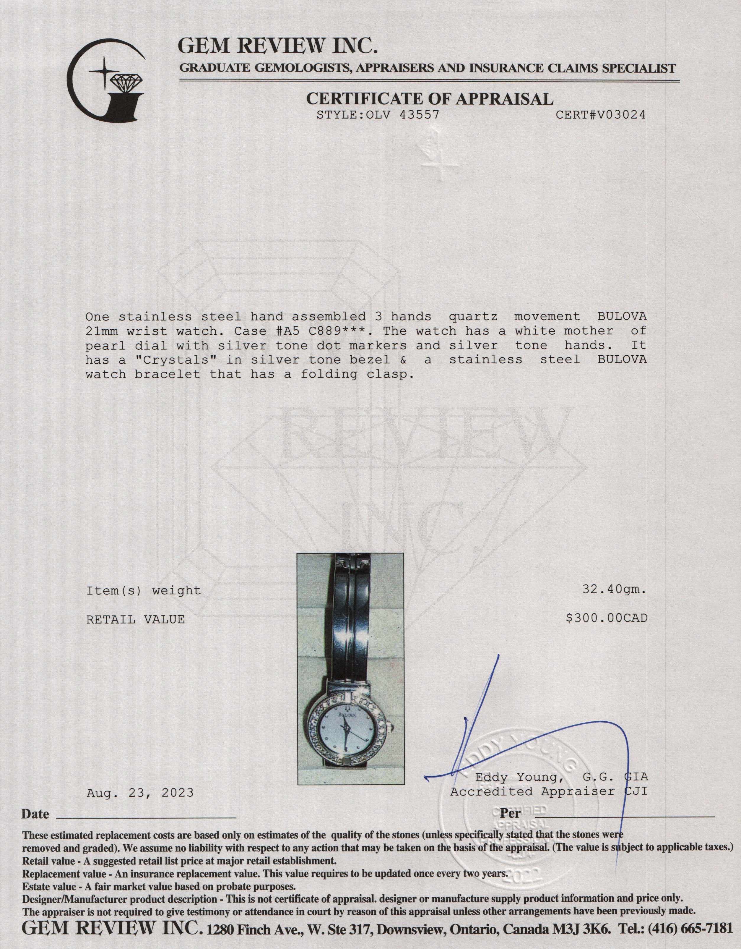 Bulova Crystal Mother of Pearl 21 MM Watch