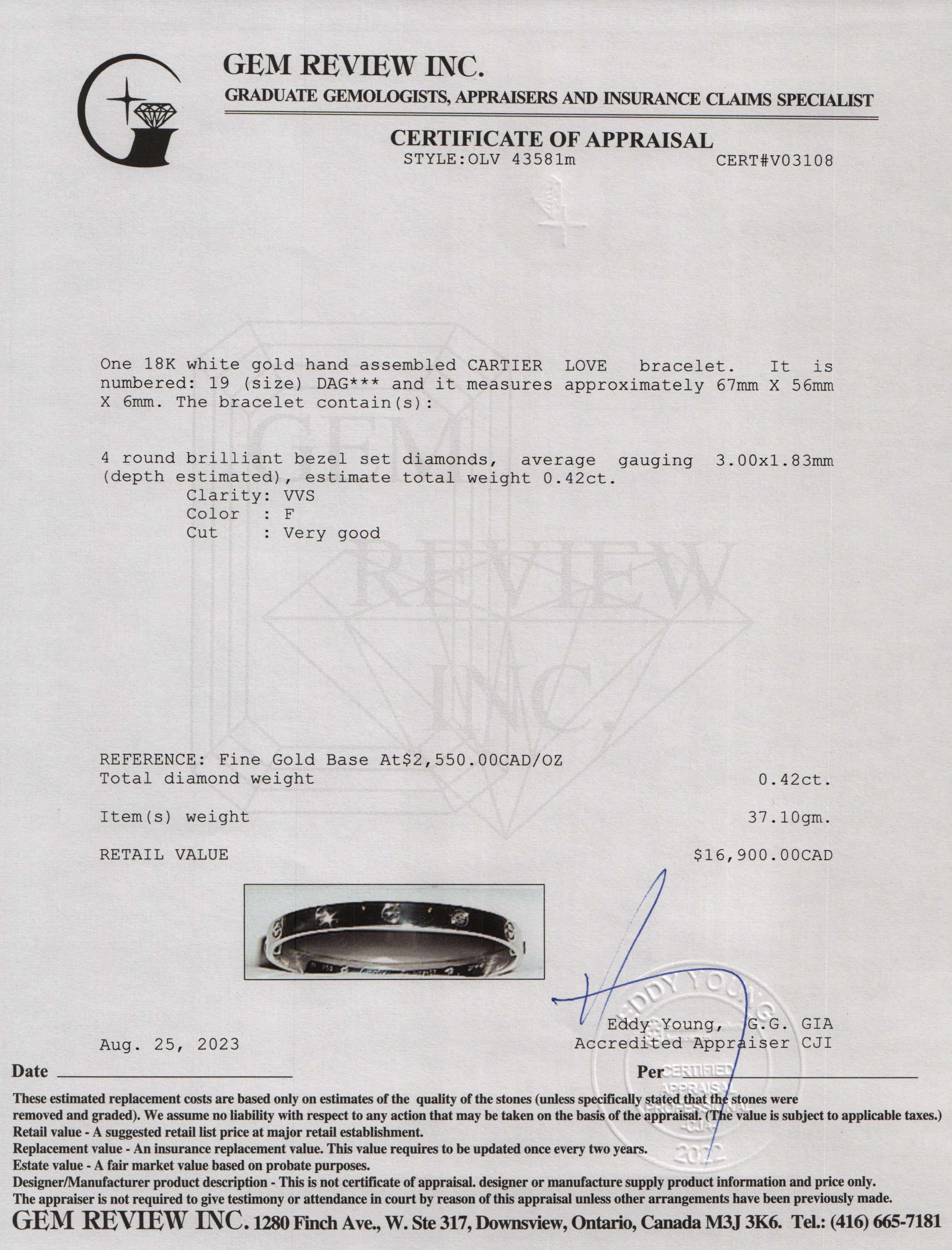 Cartier 18k White Gold 4 Diamond Love Bracelet w/ Box