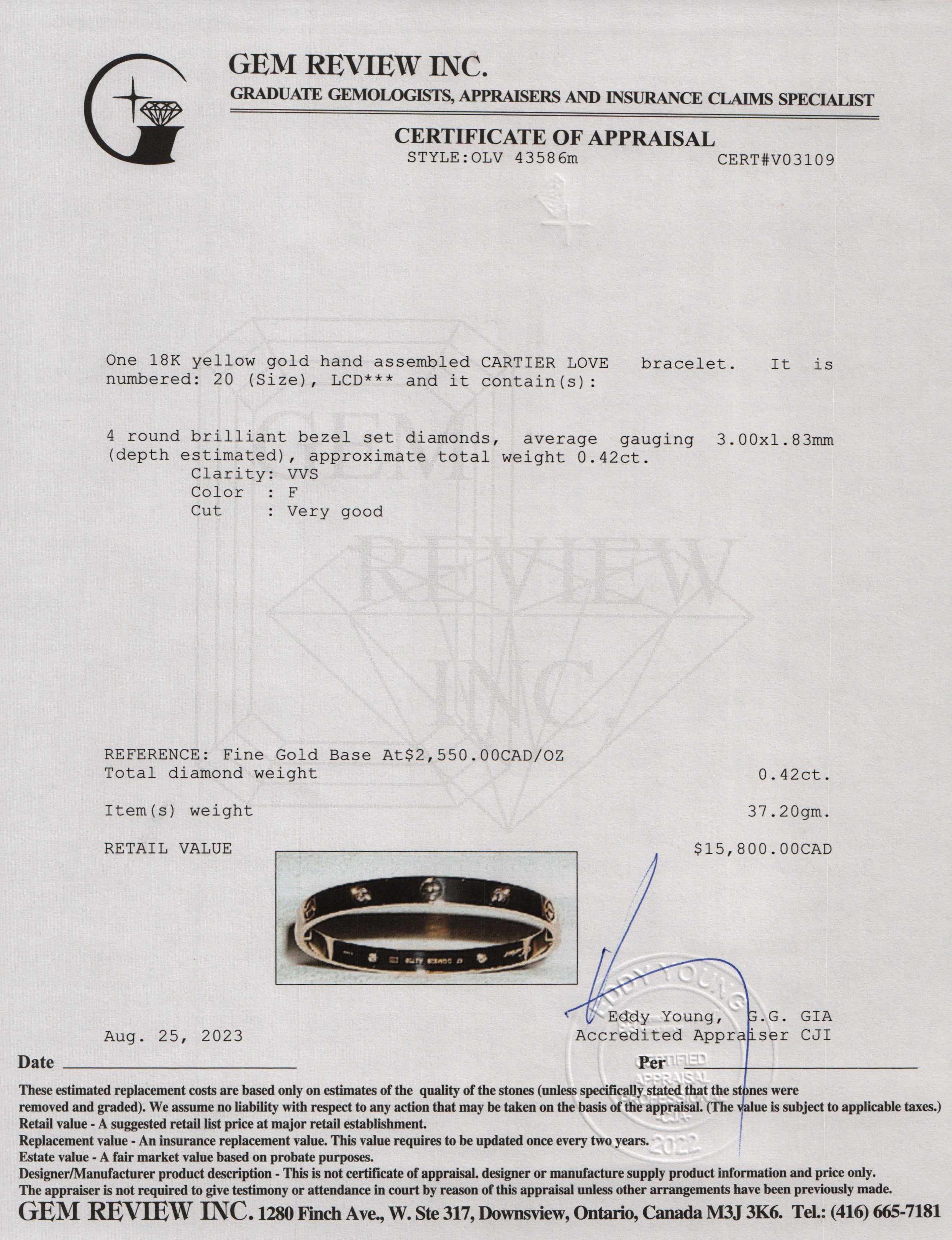 Cartier 18k Yellow Gold Love Bracelet with 4 Diamonds, Size 19 w/ Certificate