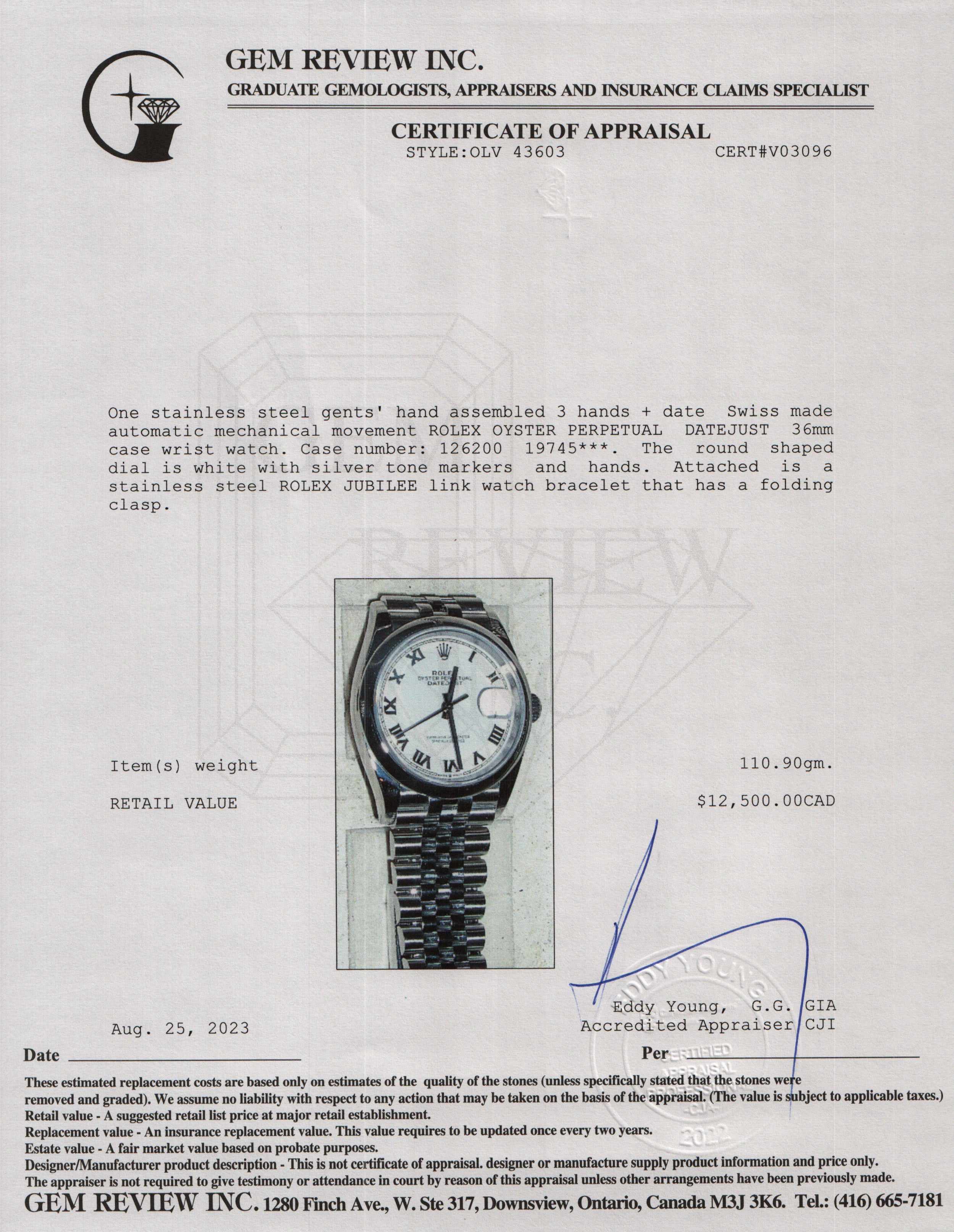 Rolex 2020 Datejust 36 MM Watch w/ Box & Papers