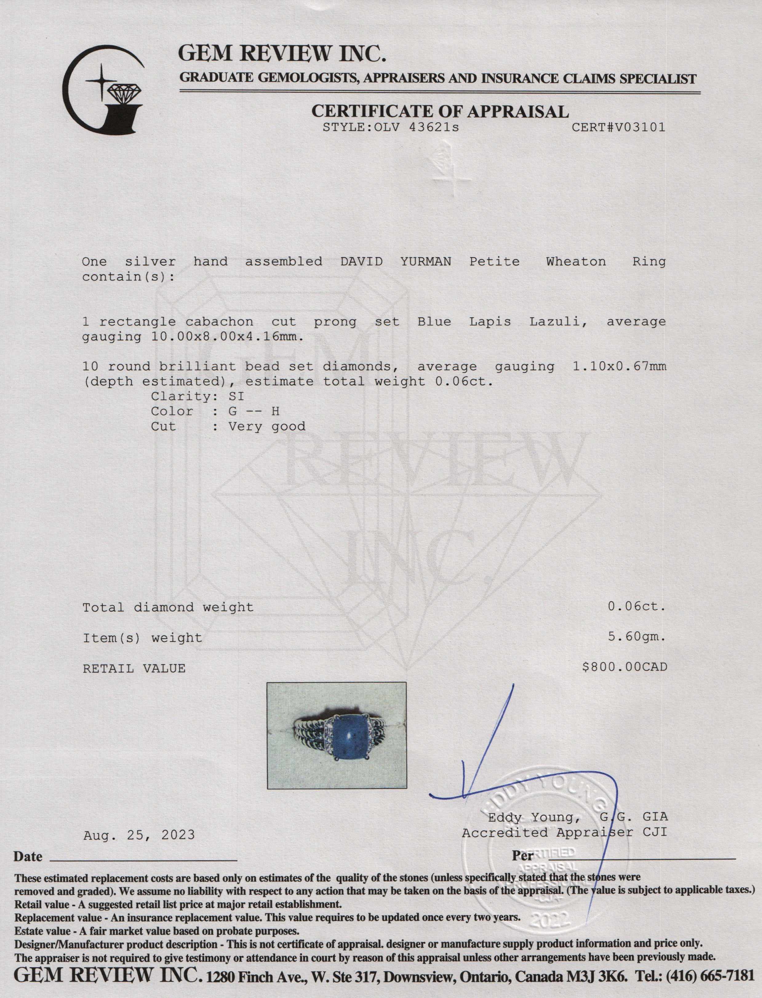 David Yurman Sterling Silver Petite Wheaton Ring with Lapis Lazuli & Diamonds