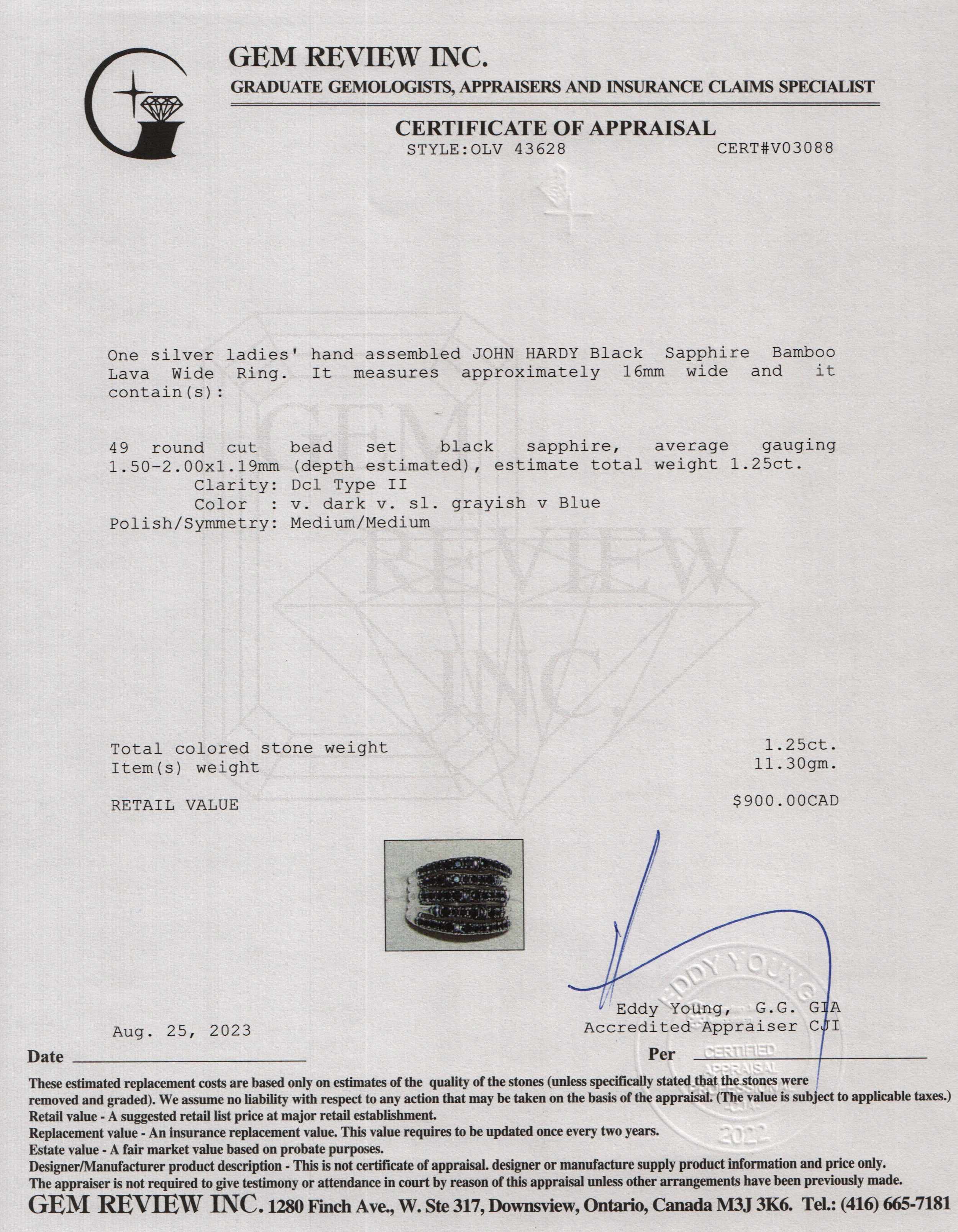 John Hardy Sterling Silver Black Sapphire Bamboo Lava Wide Ring