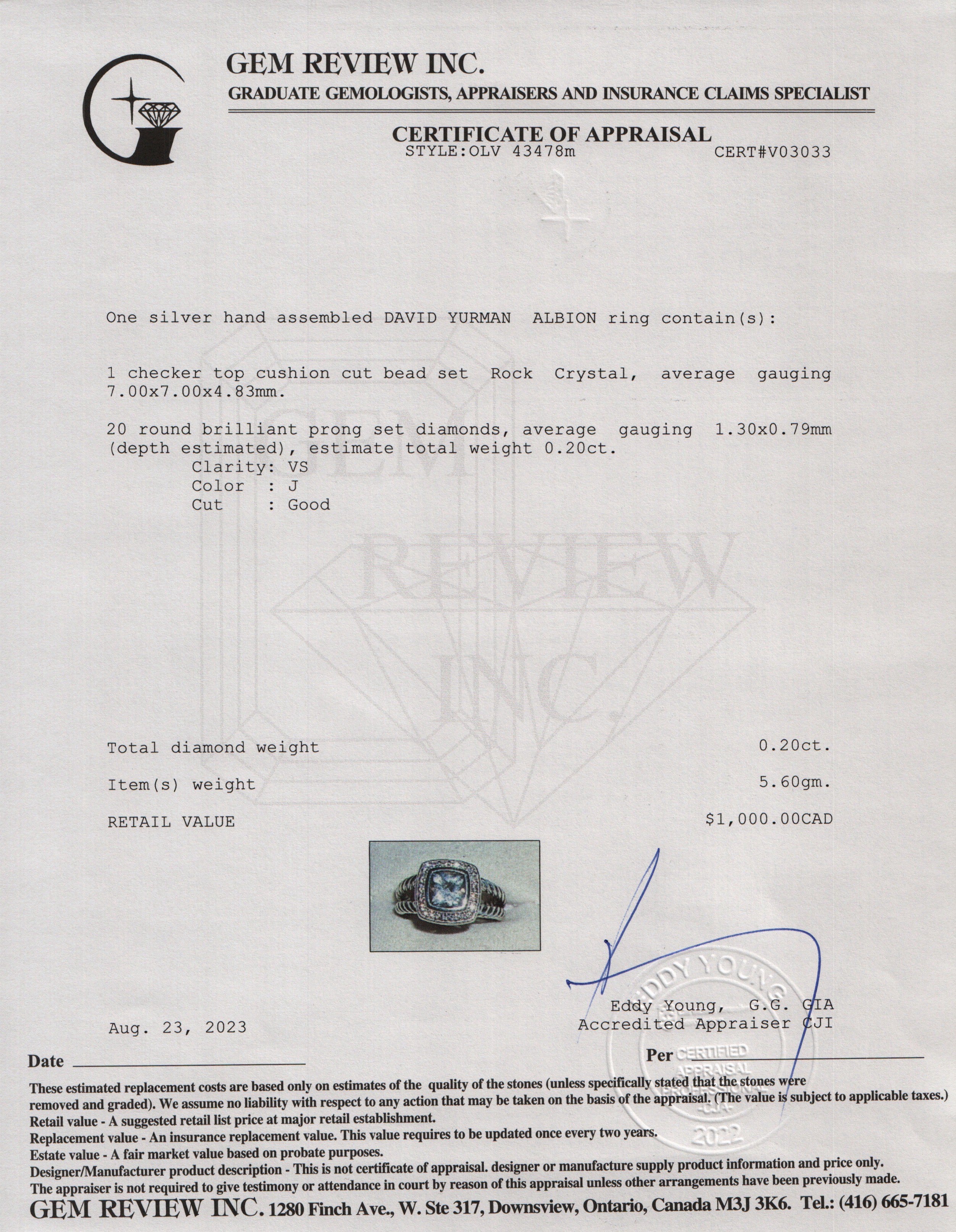 David Yurman Sterling Silver Albion Ring with Quartz and Diamonds