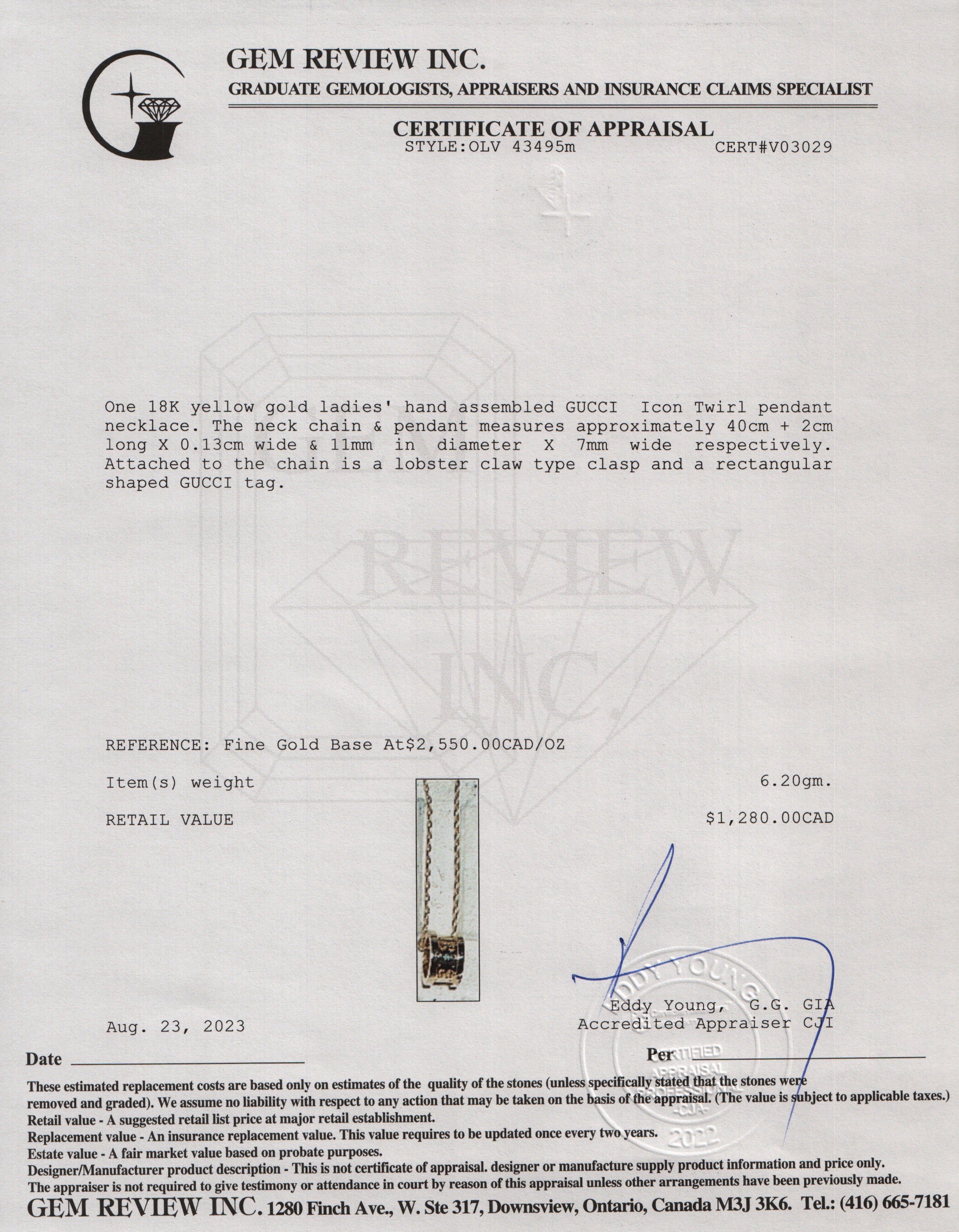 Gucci 18k Yellow Gold Icon Twirl Pendant Necklace