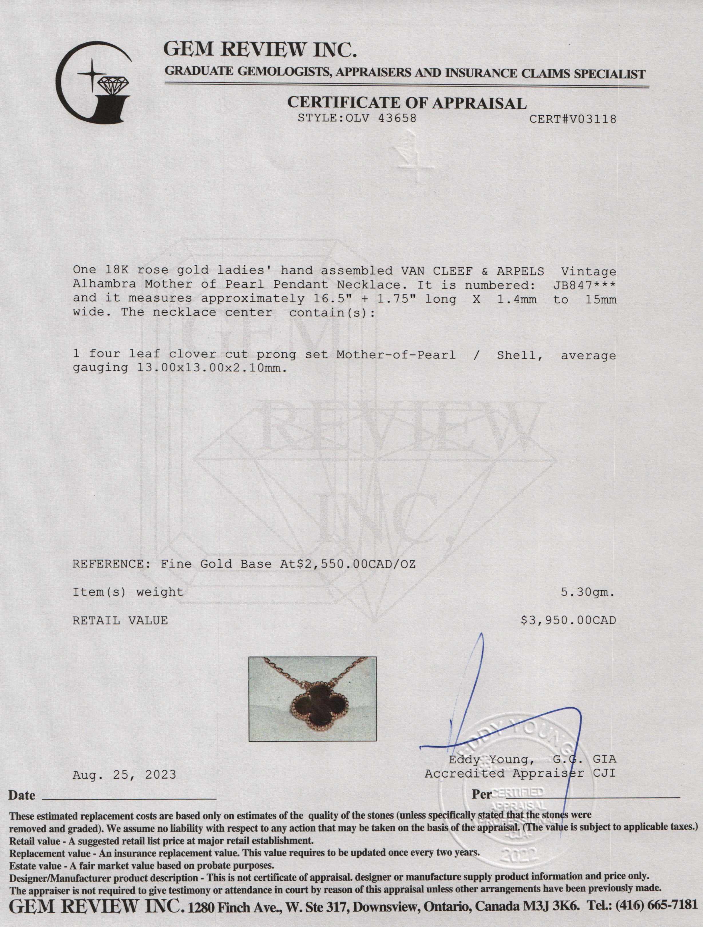 Van Cleef & Arpels 18k Rose Gold Vintage Alhambra Mother of Pearl Pendant Necklace w/ Box & Certificate