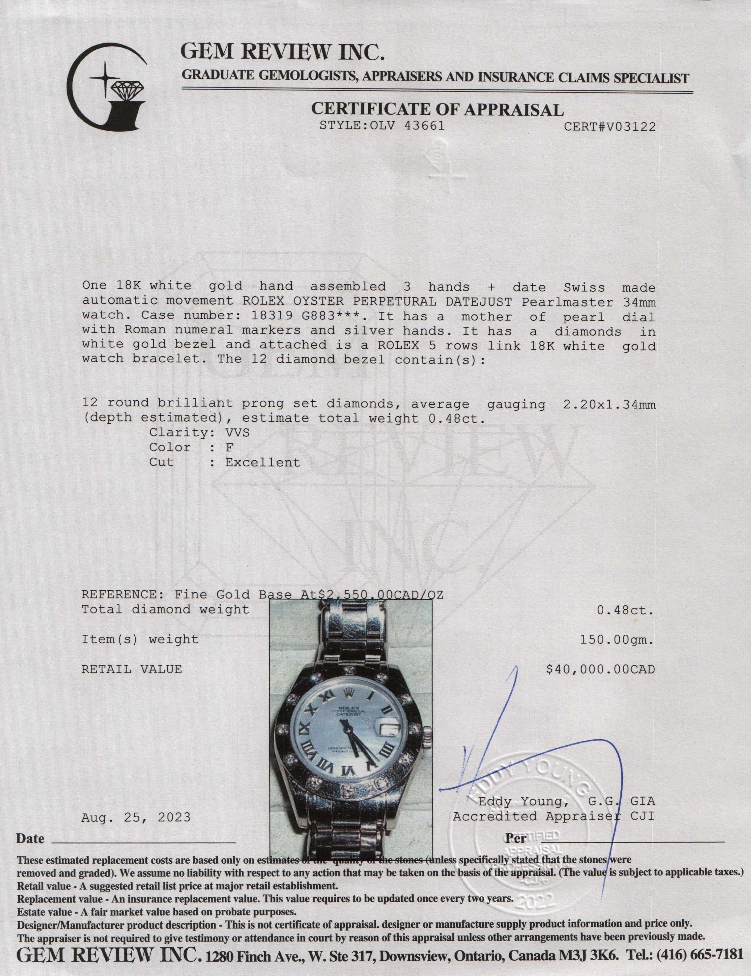 Rolex 18k White Gold Lady-Datejust Pearlmaster 34 MM Watch w/ Box, Receipt & Papers