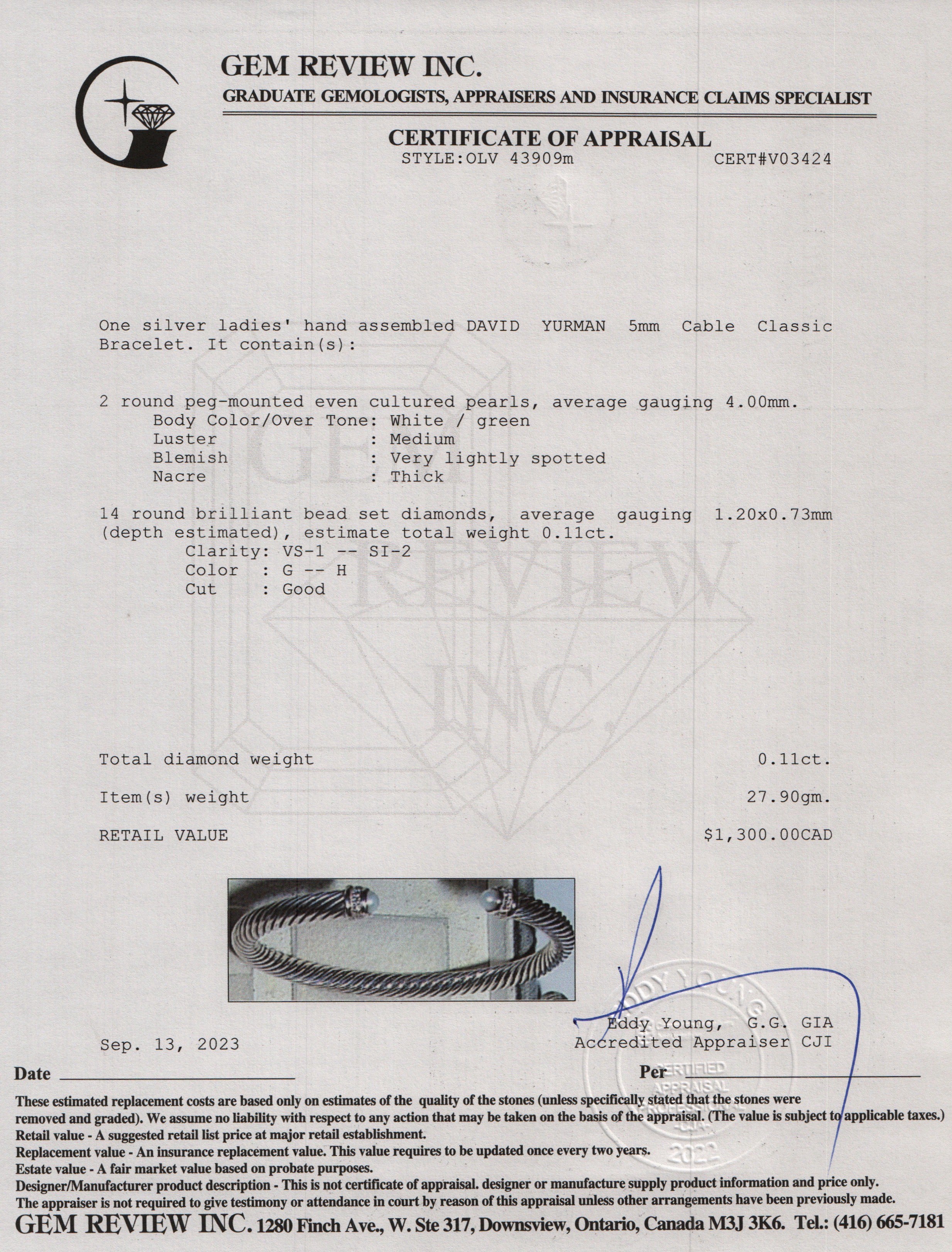 David Yurman Sterling Silver 5 MM Cable Classics Bracelet with Pearls & Diamonds