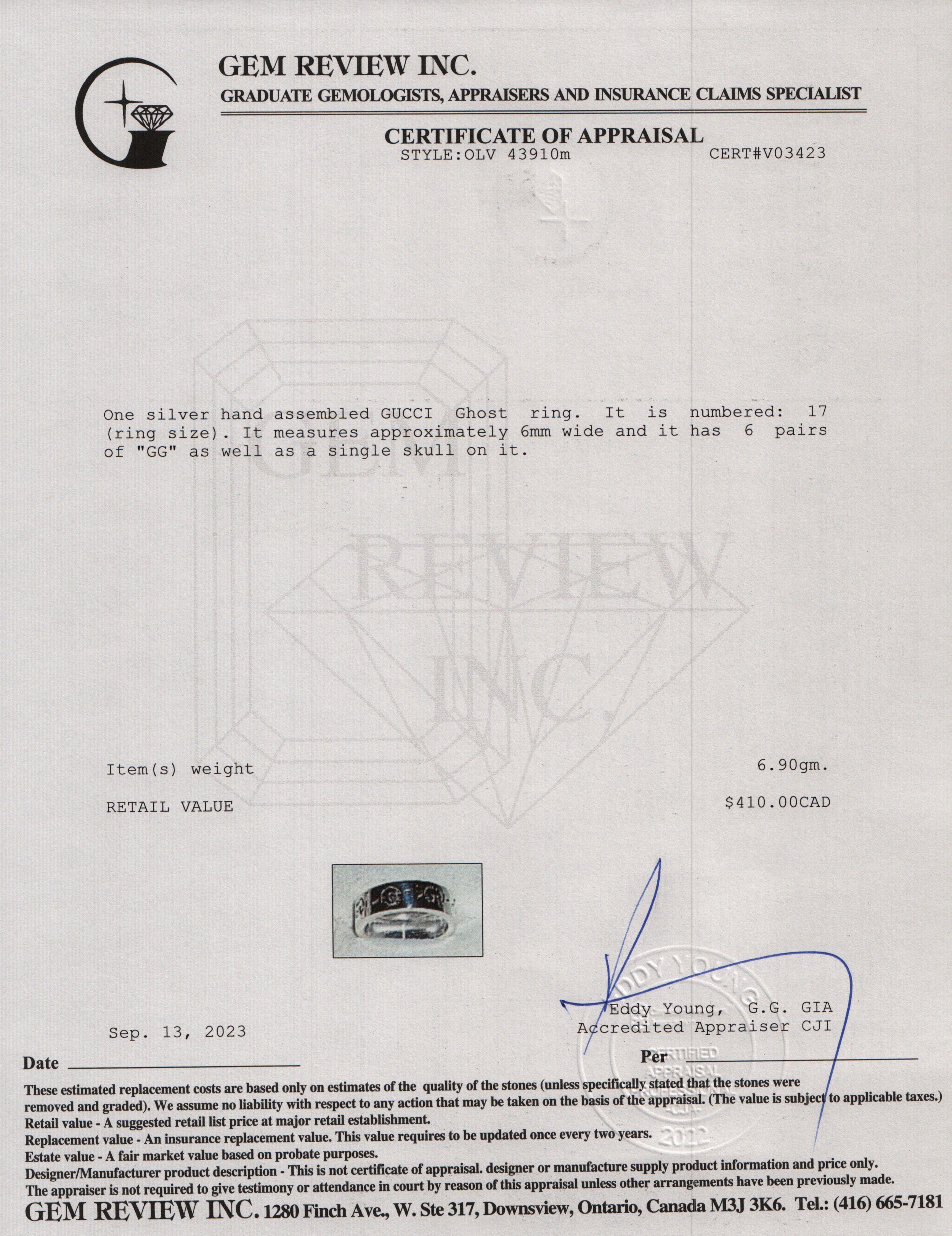 Gucci Sterling Silver Ghost Ring, Size 17 7.75 w/ Box