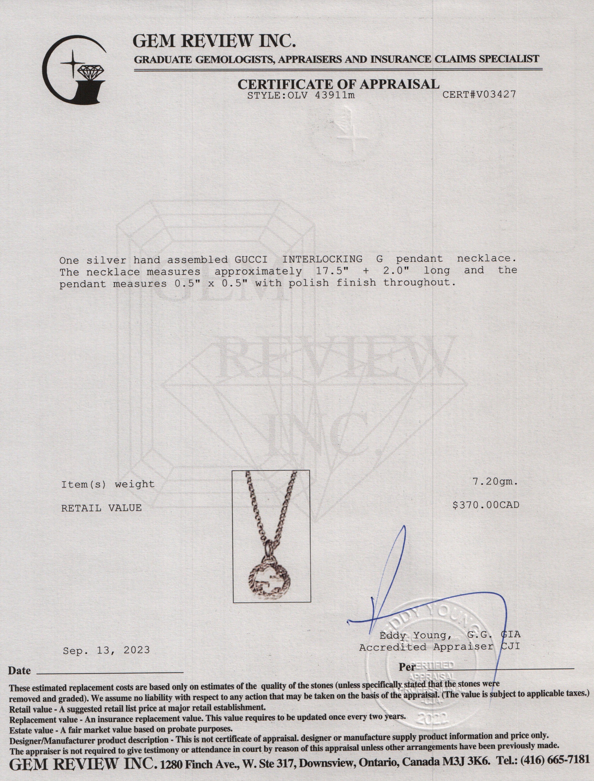 Gucci Sterling Silver Interlocking G Pendant Necklace