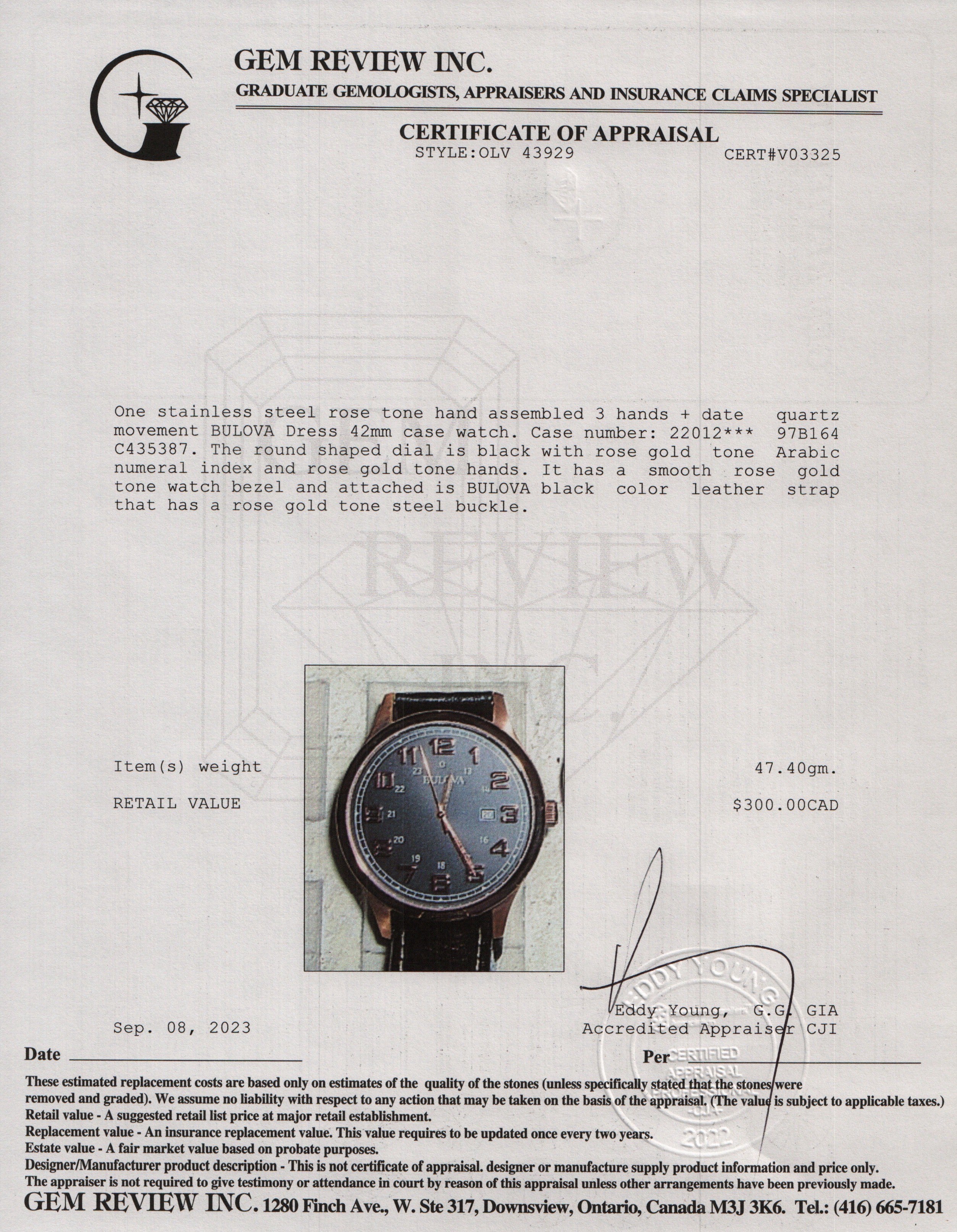 Bulova Rose Gold Tone Stainless Steel Dress 42 MM Watch