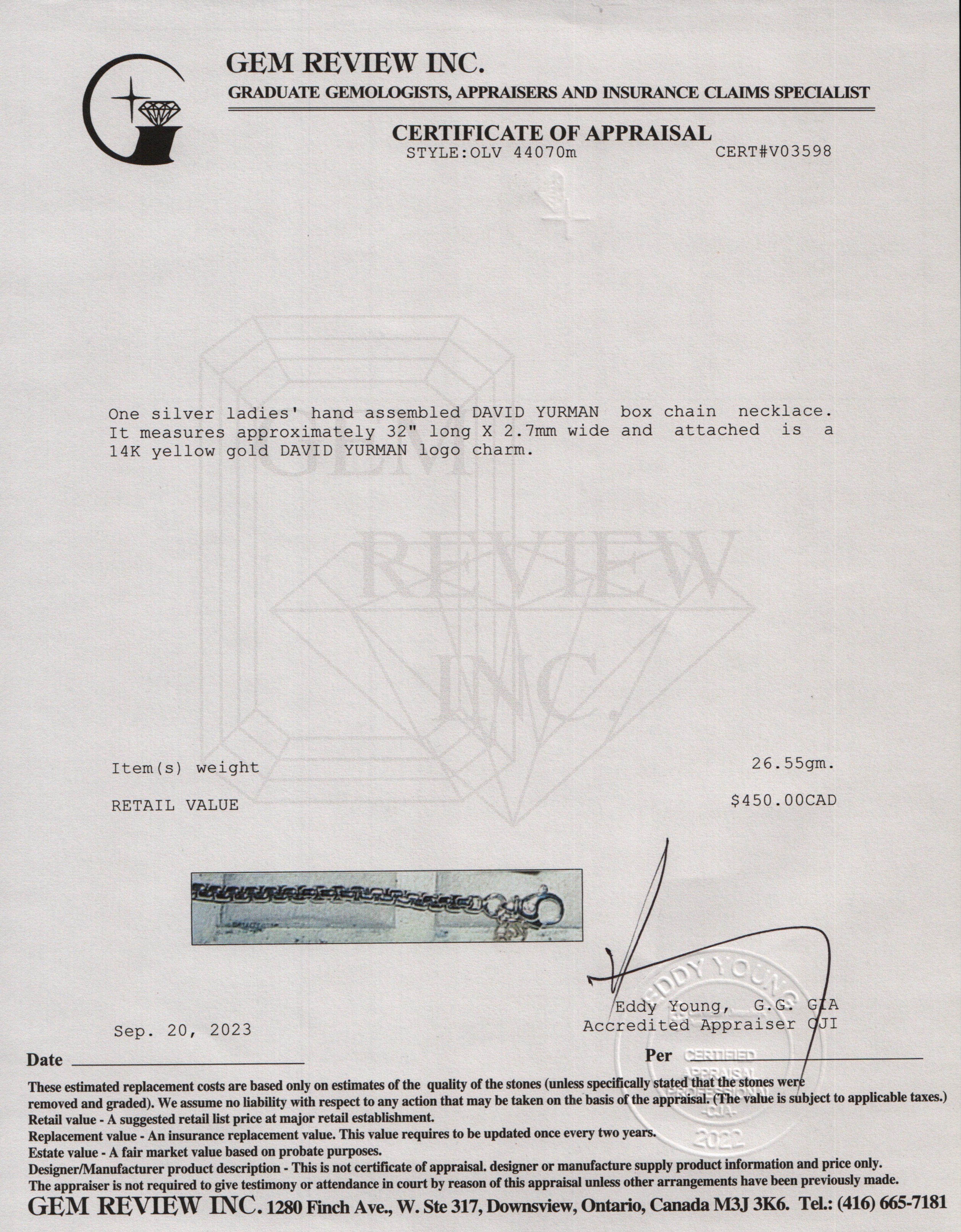 David Yurman Sterling Silver Box Chain Necklace with 14k Yellow Gold Decal, 2.7 mm