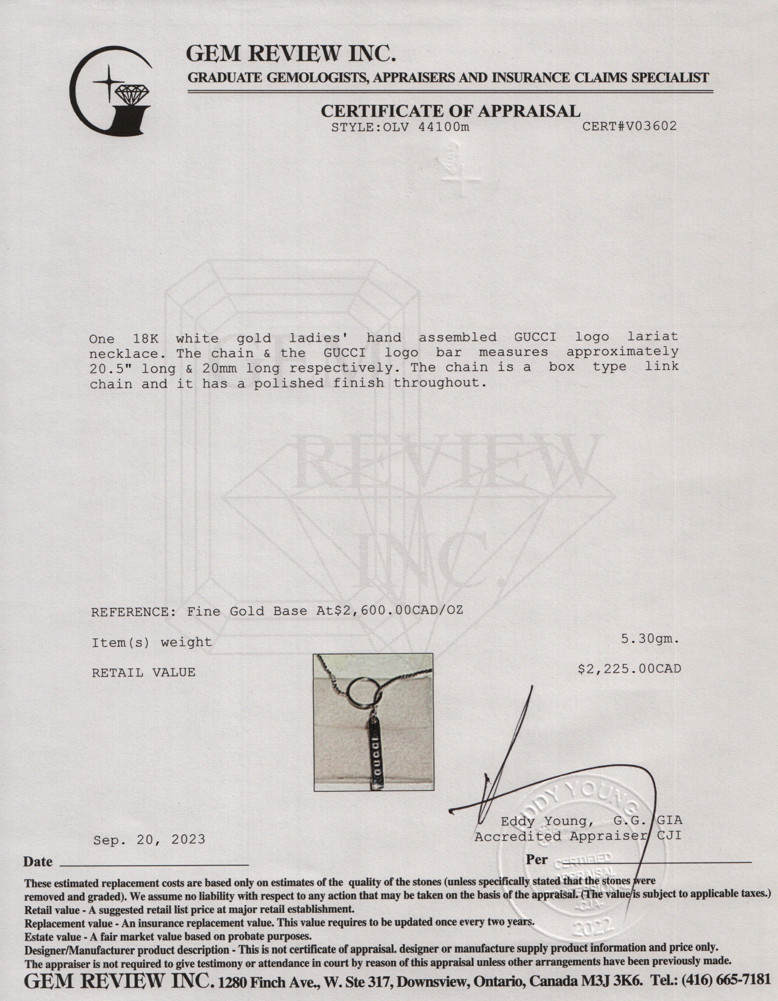 Gucci 18k White Gold 20 mm Logo Lariat Necklace