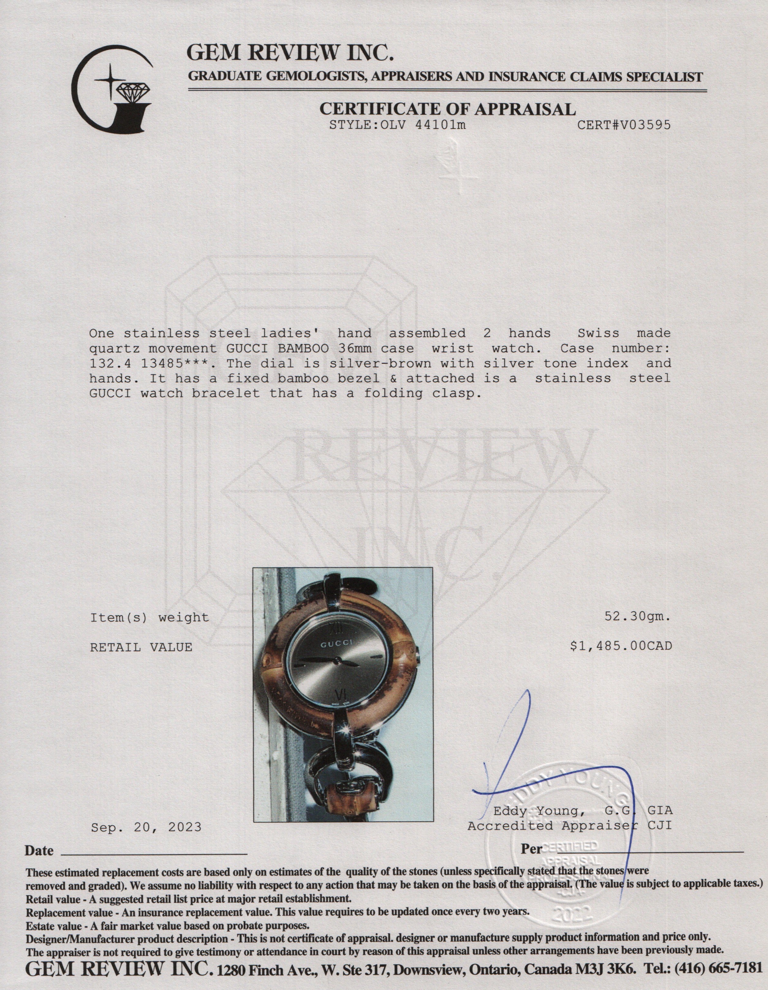 Gucci Stainless Steel Bamboo 36 MM Watch w/ Box