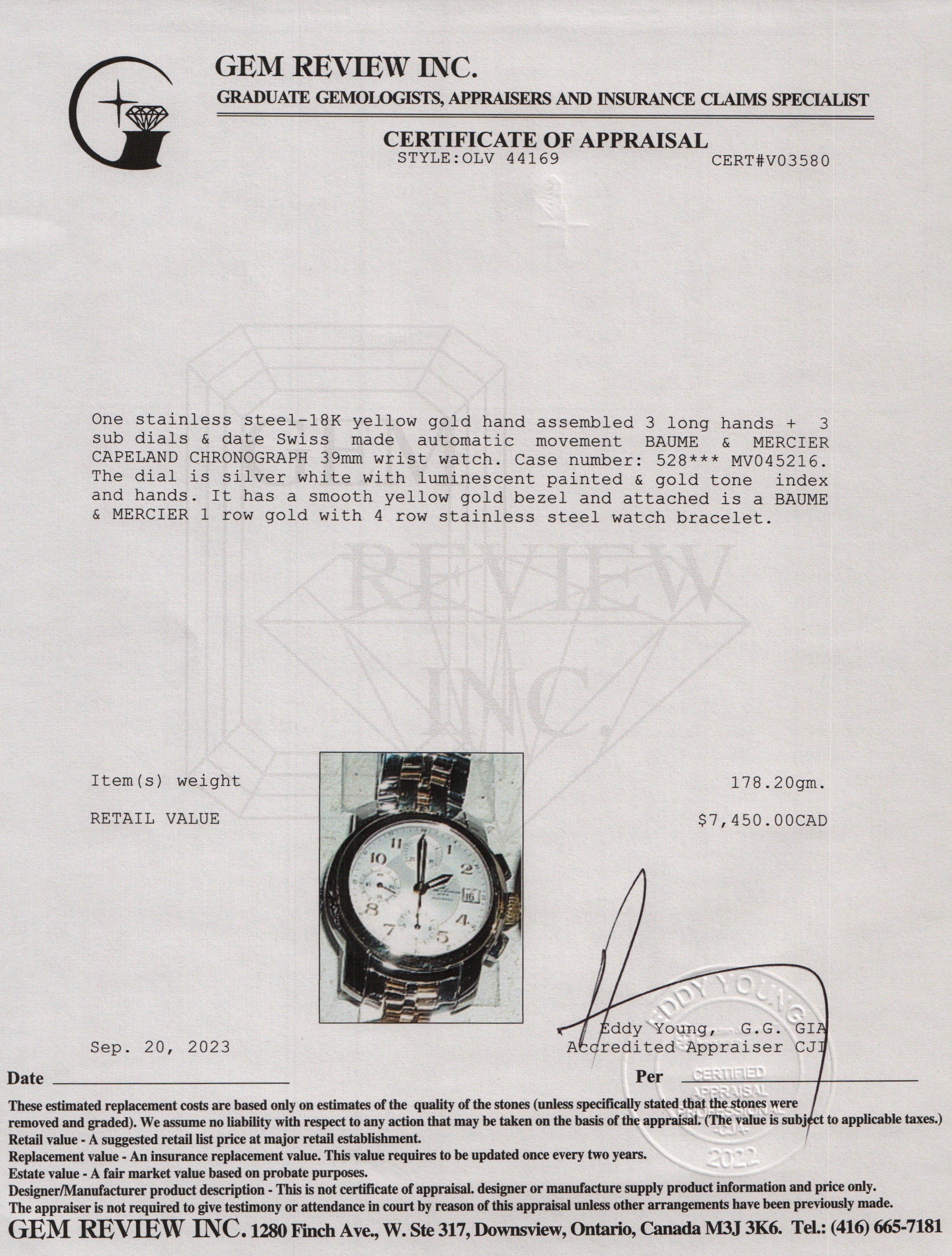 Baume & Mercier Stainless Steel & 18k Yellow Gold Capeland 39 mm Chronograph Automatic Watch w/ Box & Papers