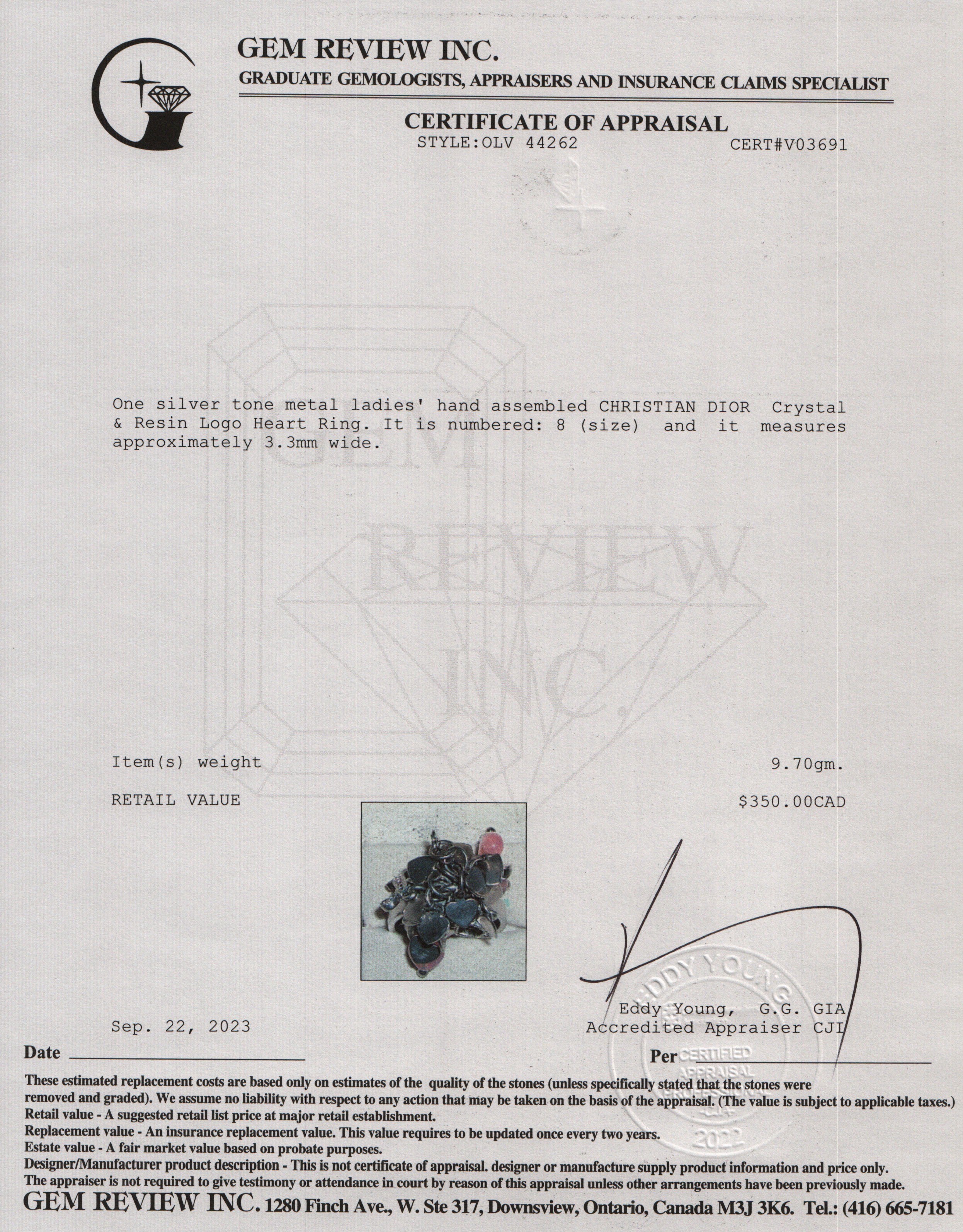 Christian Dior Silver Tone Metal Crystal & Resin Logo Heart Ring, Size 7.5 w/ Box