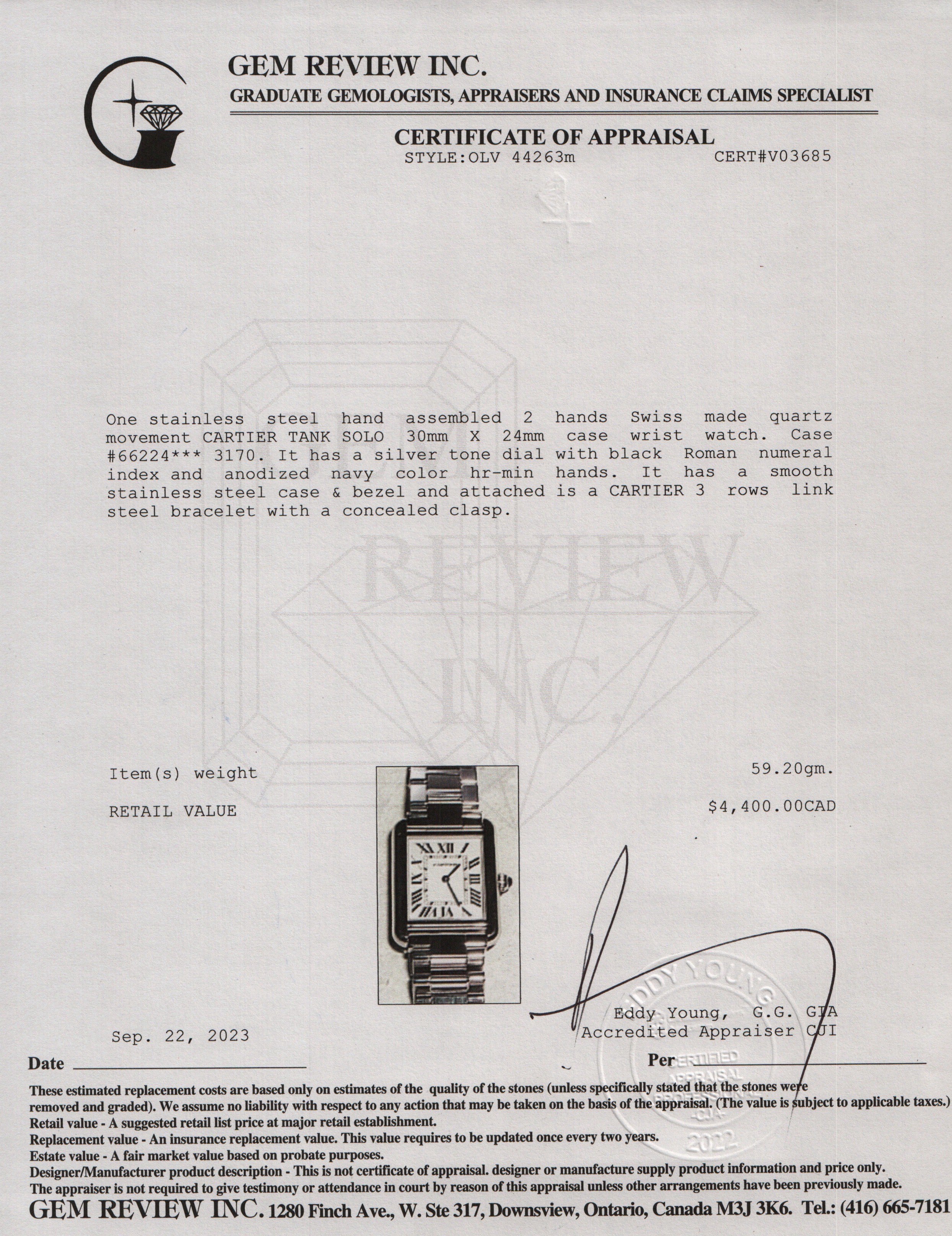 Cartier Stainless Steel Tank Solo 24 MM Watch