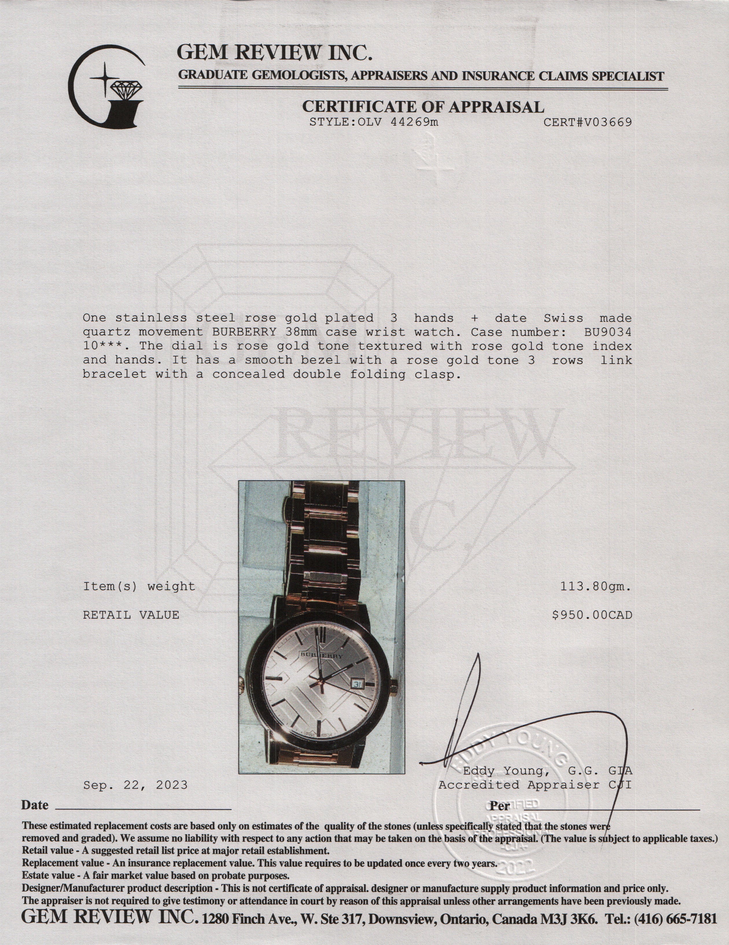 Burberry Rose Gold Plated Stainless Steel BU9034 The City 38 MM Watch