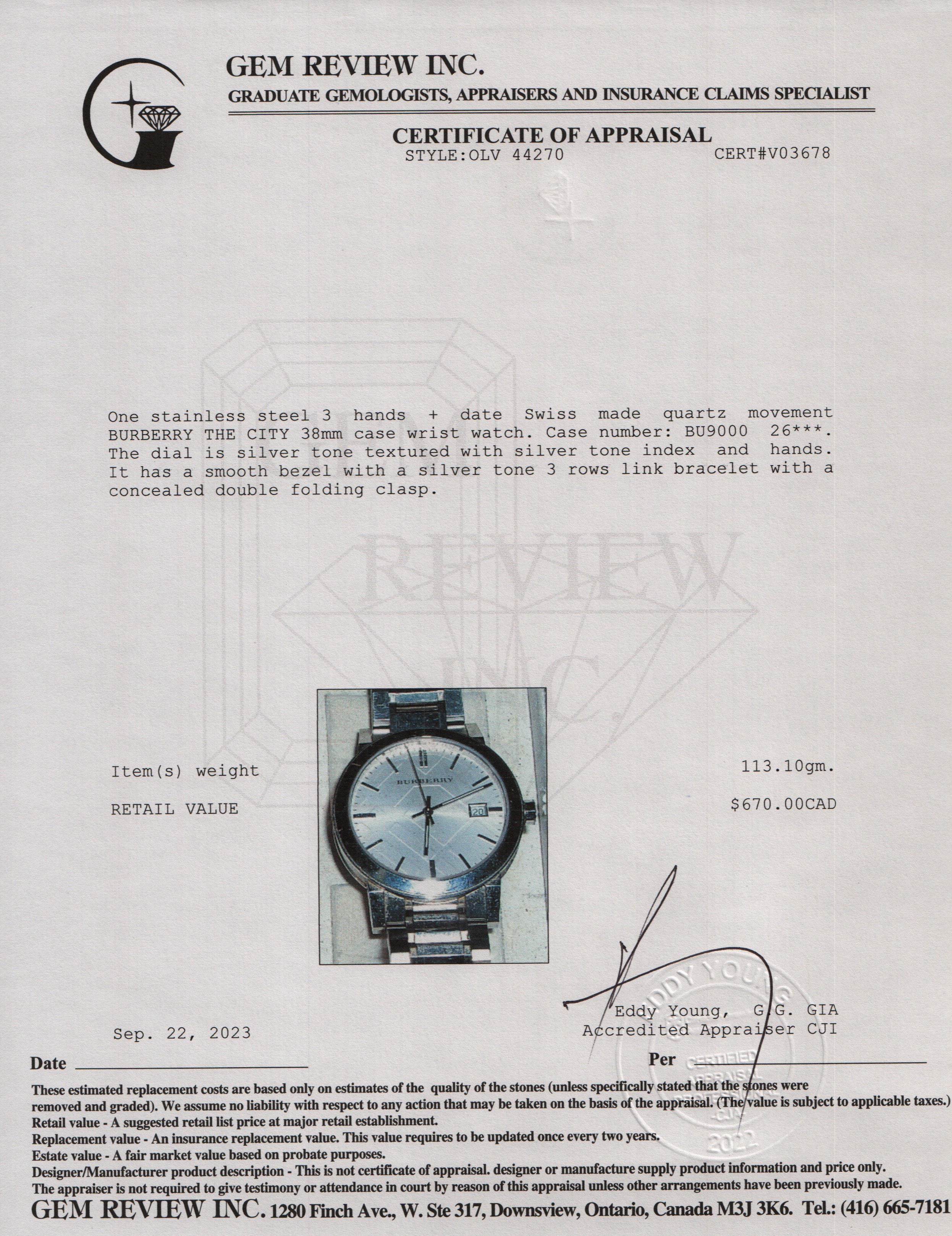 Burberry Stainless Steel BU9000 The City 38 MM Watch