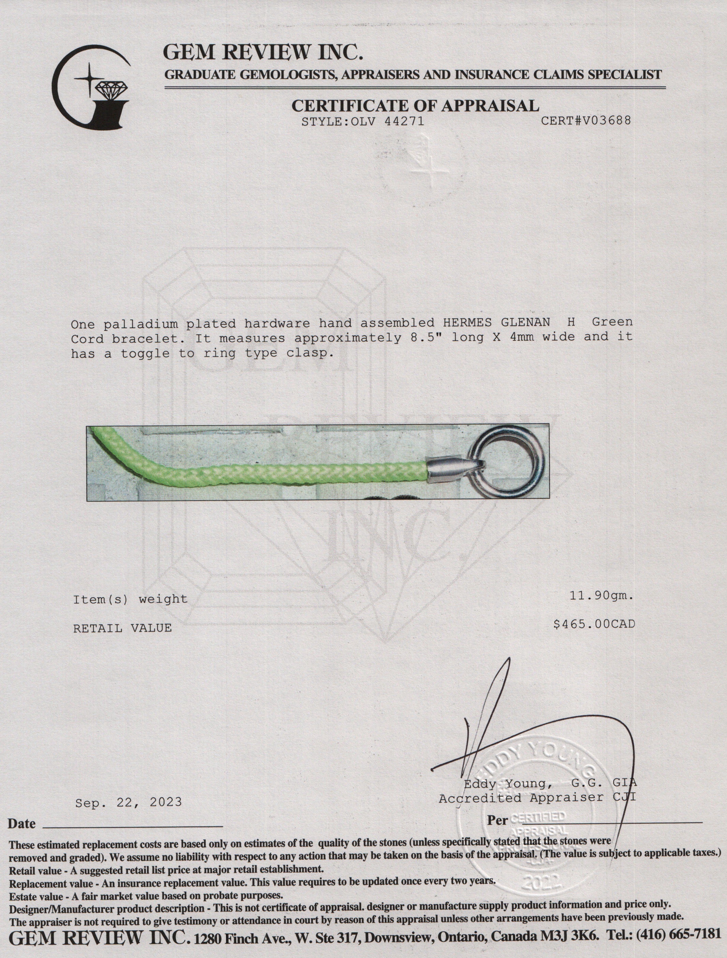 Hermes Palladium Plated Glenan H Green Cord Bracelet