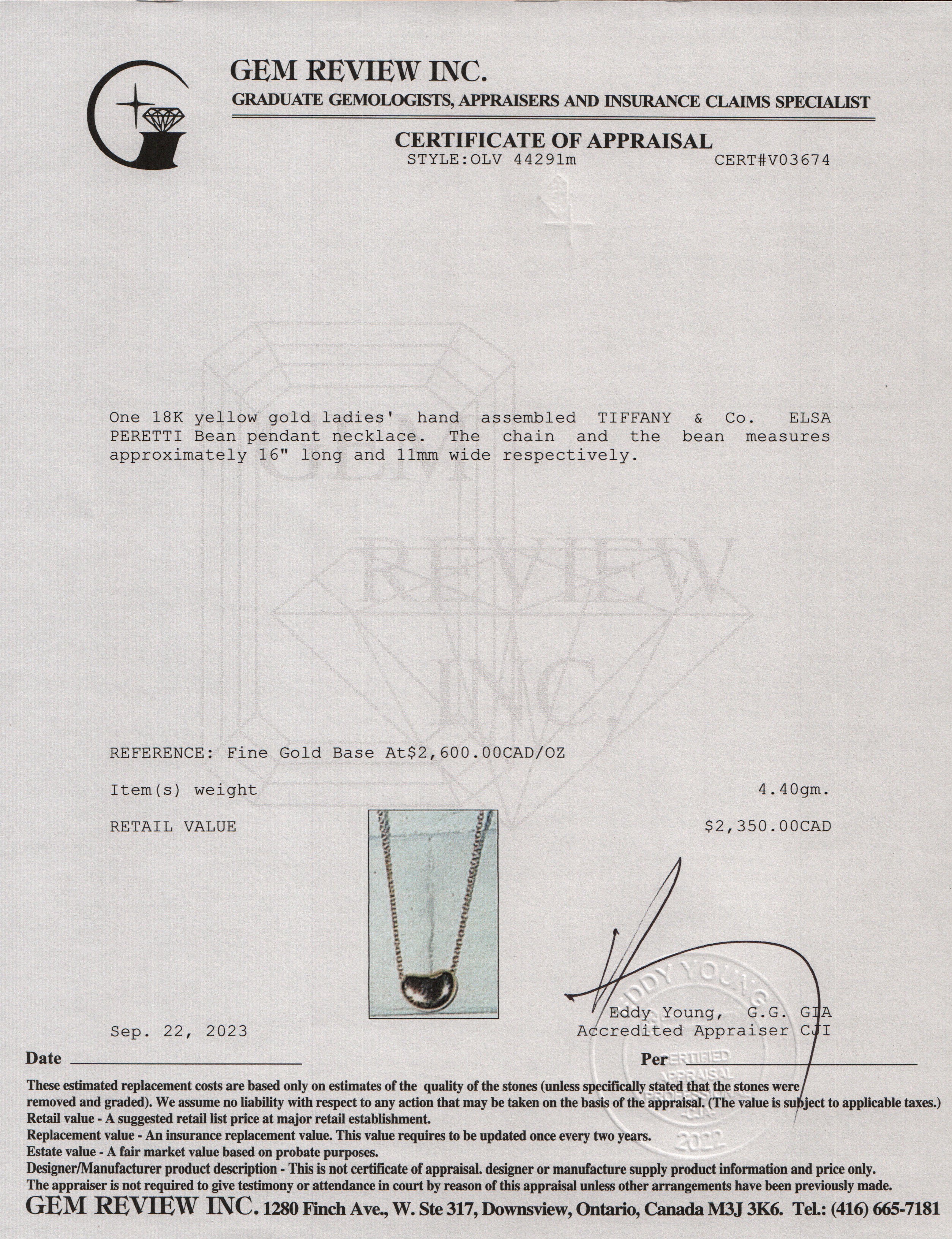 Tiffany & Co. Elsa Peretti 18k Yellow Gold 11 MM Bean Pendant Necklace