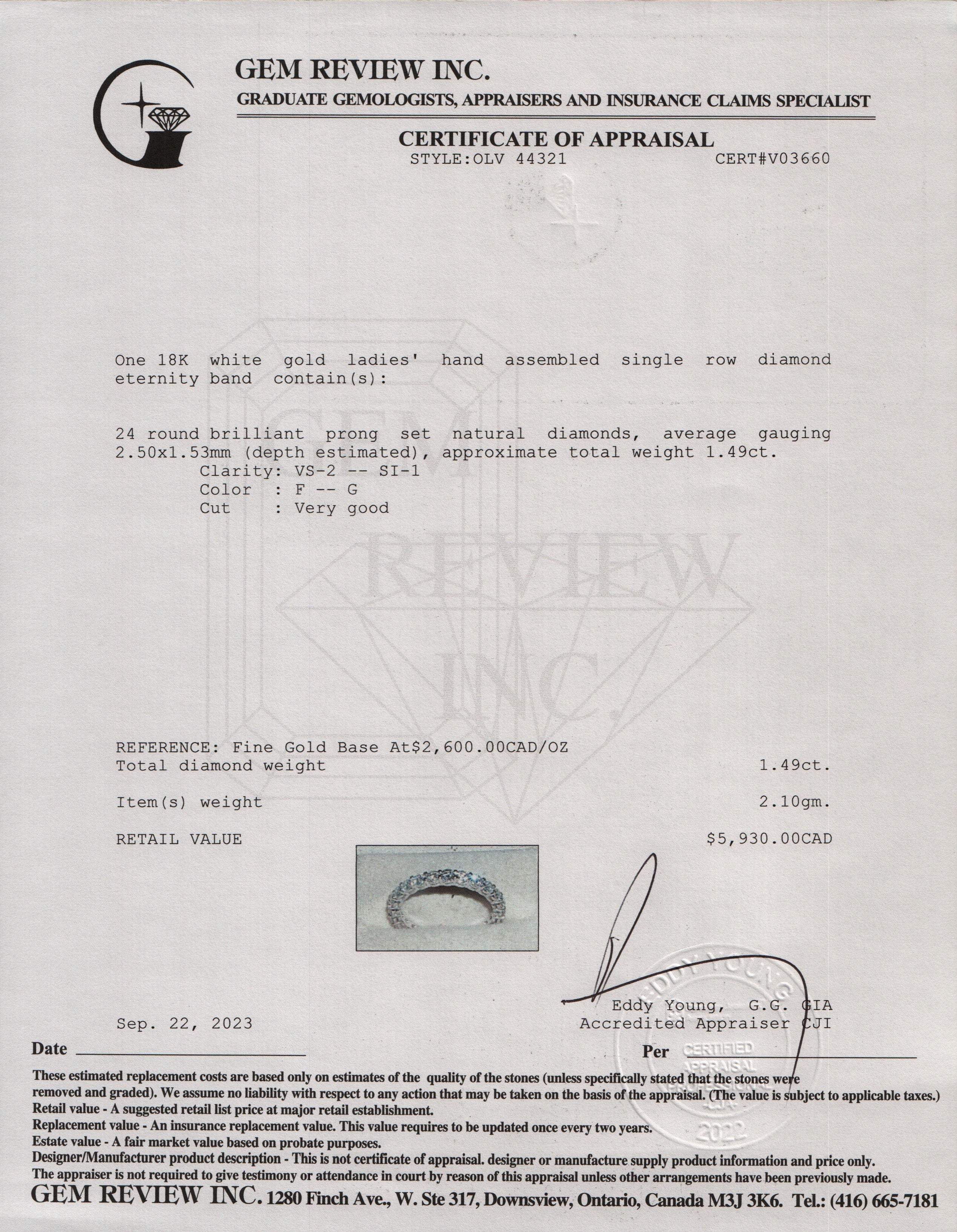 18k White Gold 1.49 tcw. Diamond Eternity Band, Size 6